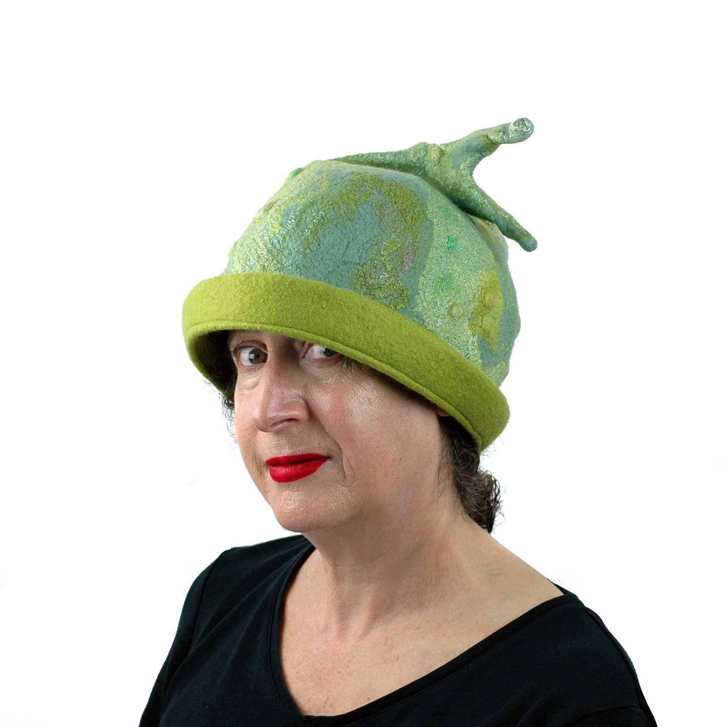 Green Beanie Hat with Sculptural Fish Tail - Extra Large Size - Threequarters View