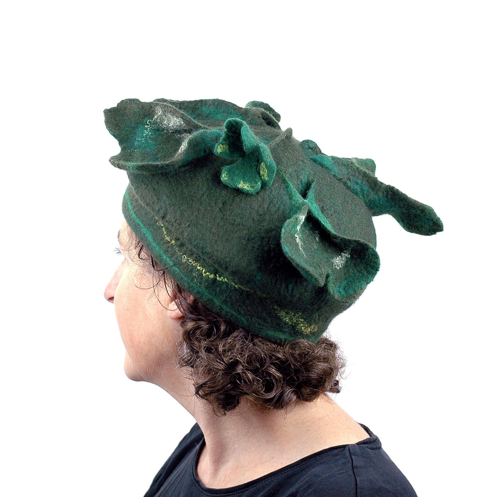 Green Four Leaf Clover Felted Hat - side-back view