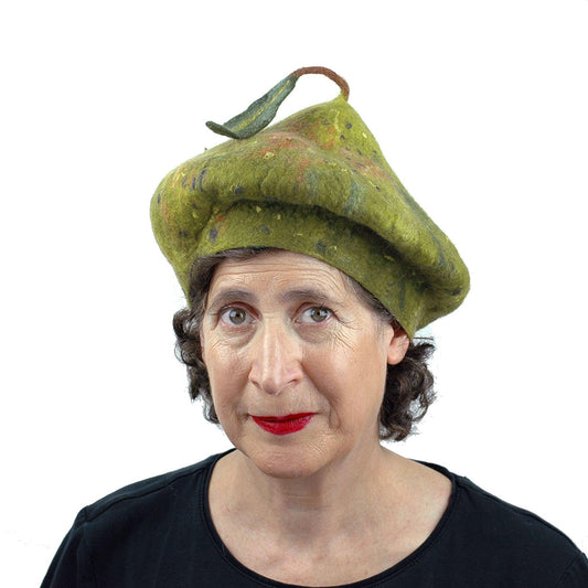Green Pear Felted Beret with Leaf