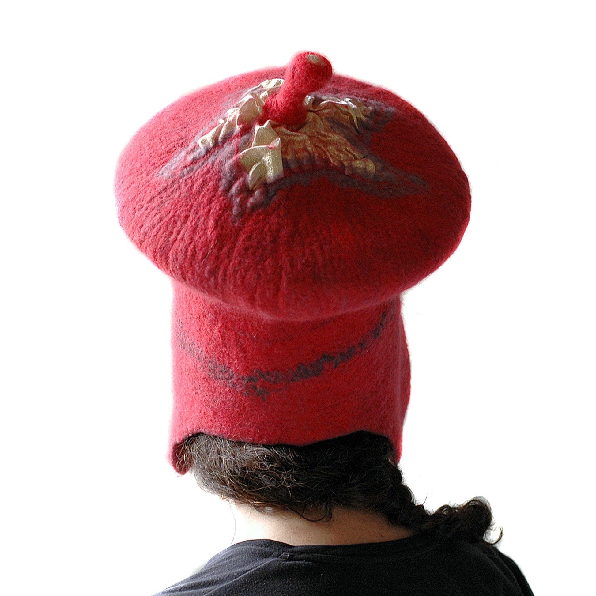 Watermelon Red Sci Fi Mushroom Wizard Hat with Earflaps - back view
