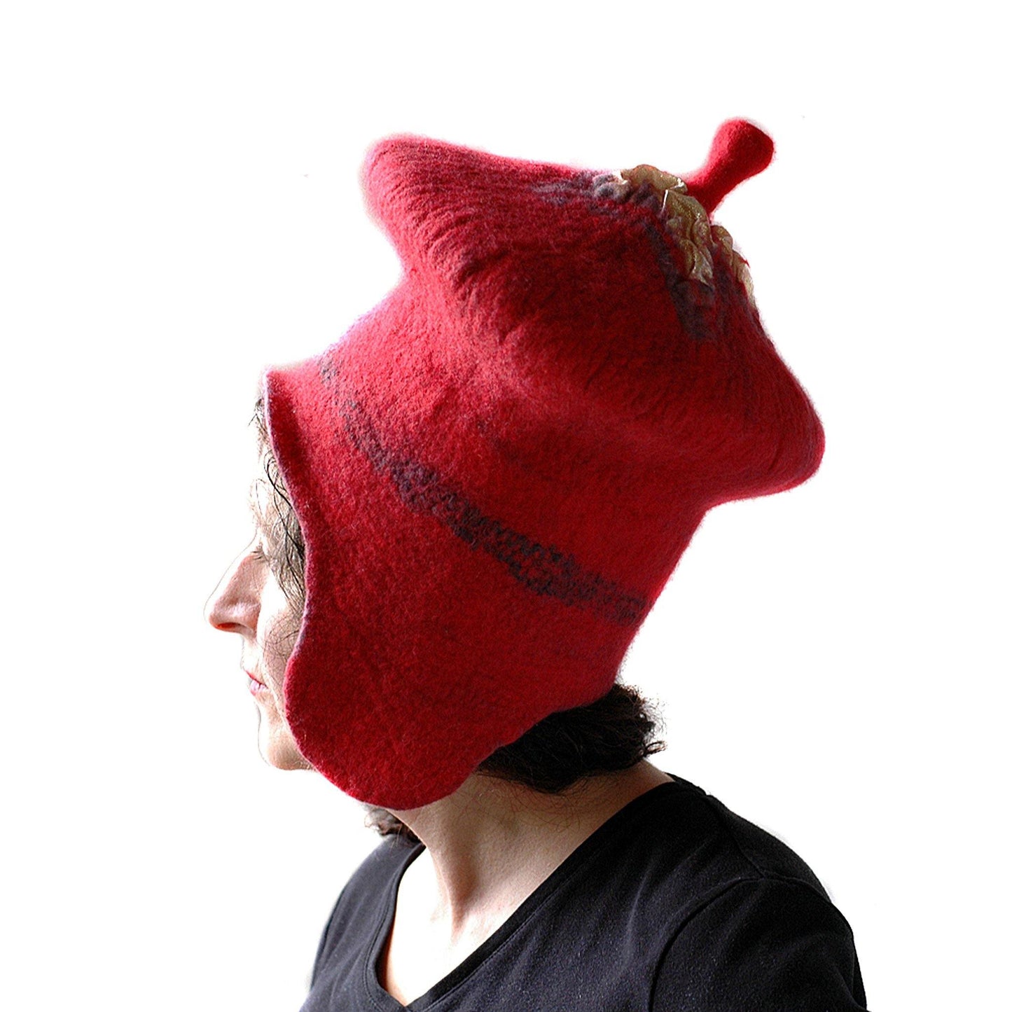 Watermelon Red Sci Fi Mushroom Wizard Hat with Earflaps - side view 1