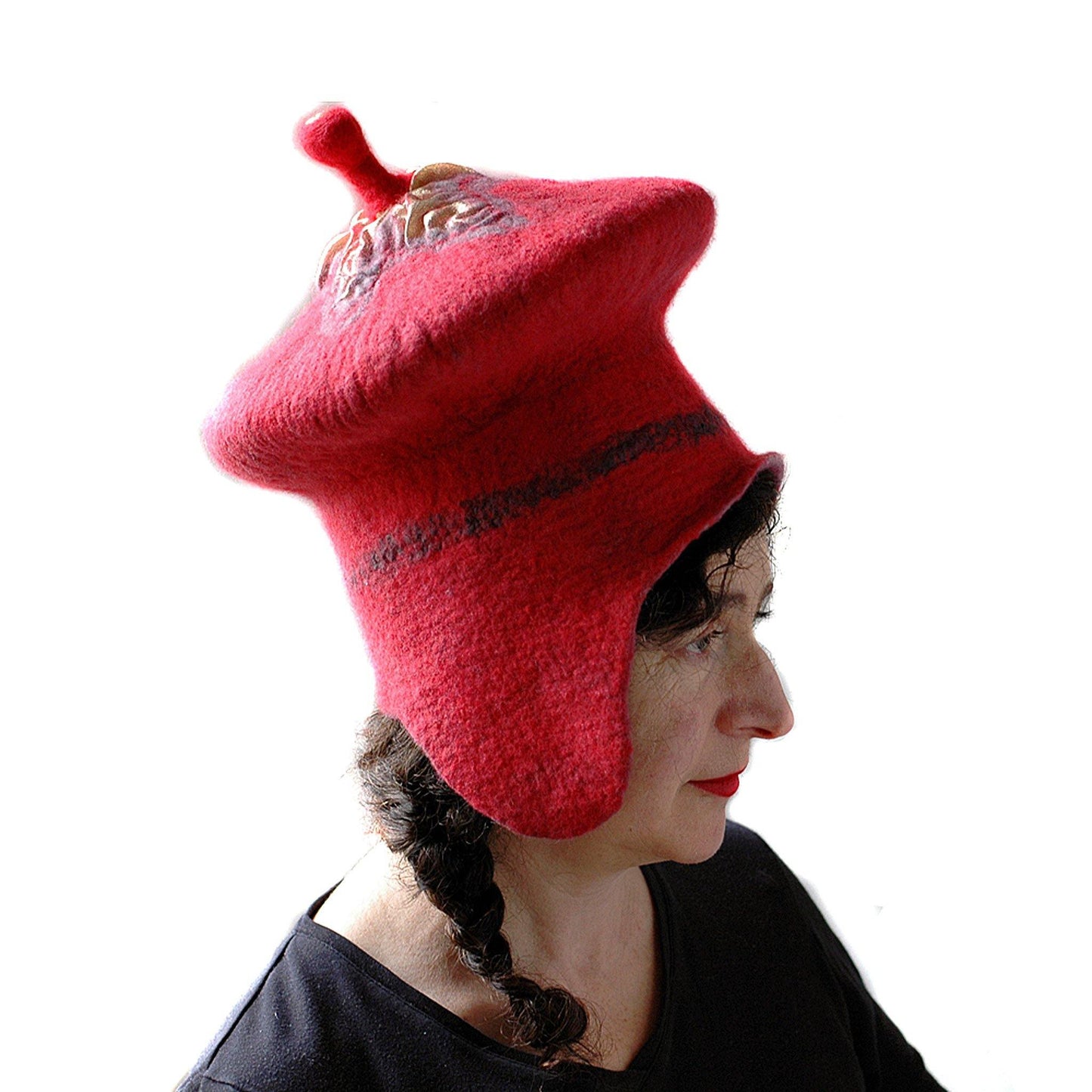 Watermelon Red Sci Fi Mushroom Wizard Hat with Earflaps - side view 3