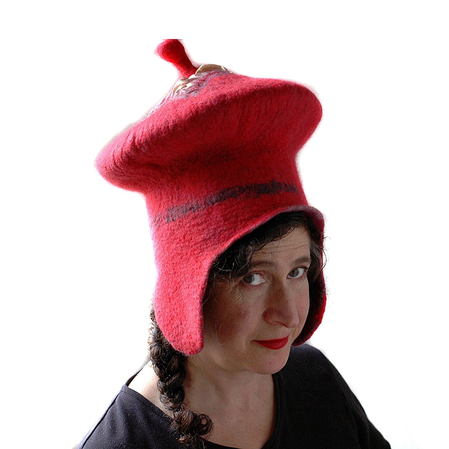 Watermelon Red Sci Fi Mushroom Wizard Hat with Earflaps - side view 2