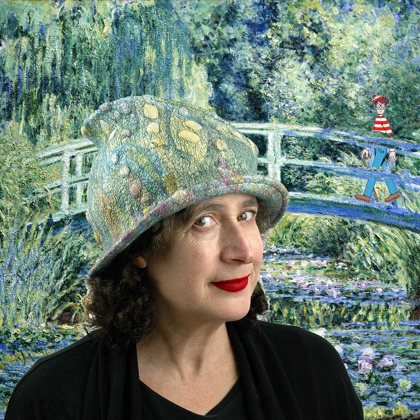 Impressionist Hat set in Monet's painting of GIverny with where's Waldo/Wally.
