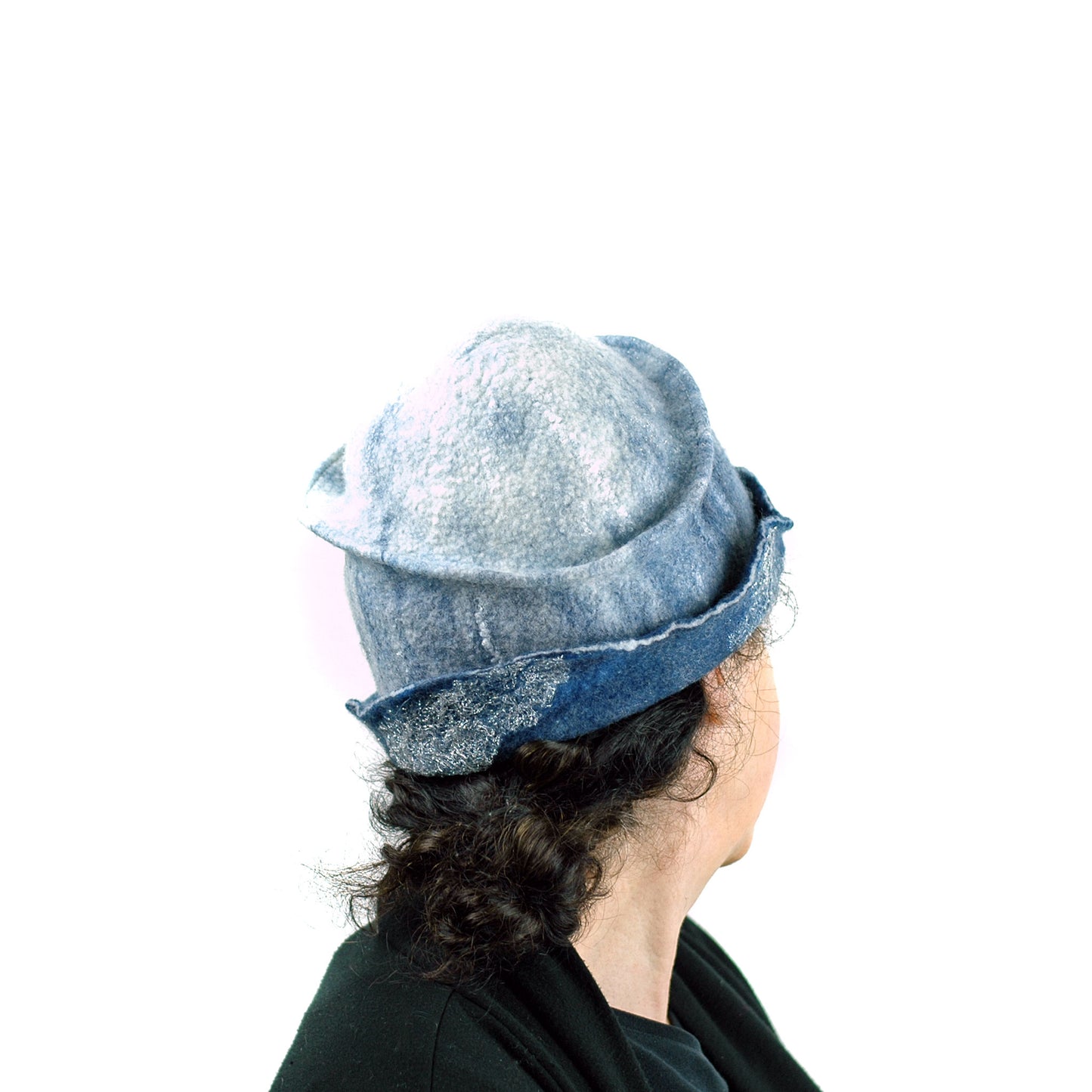 Indigo and White Felted Cloche Hat made with Superfine Merino Wool and Silver Lace - back view