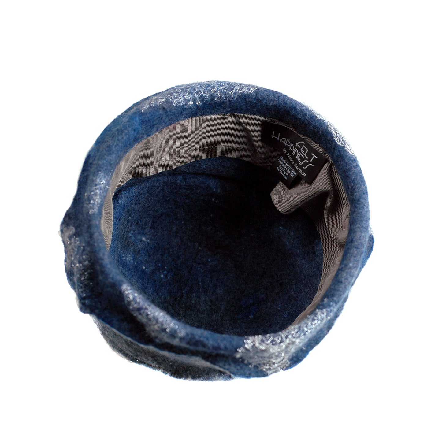 Indigo and White Felted Cloche Hat made with Superfine Merino Wool and Silver Lace - inside view