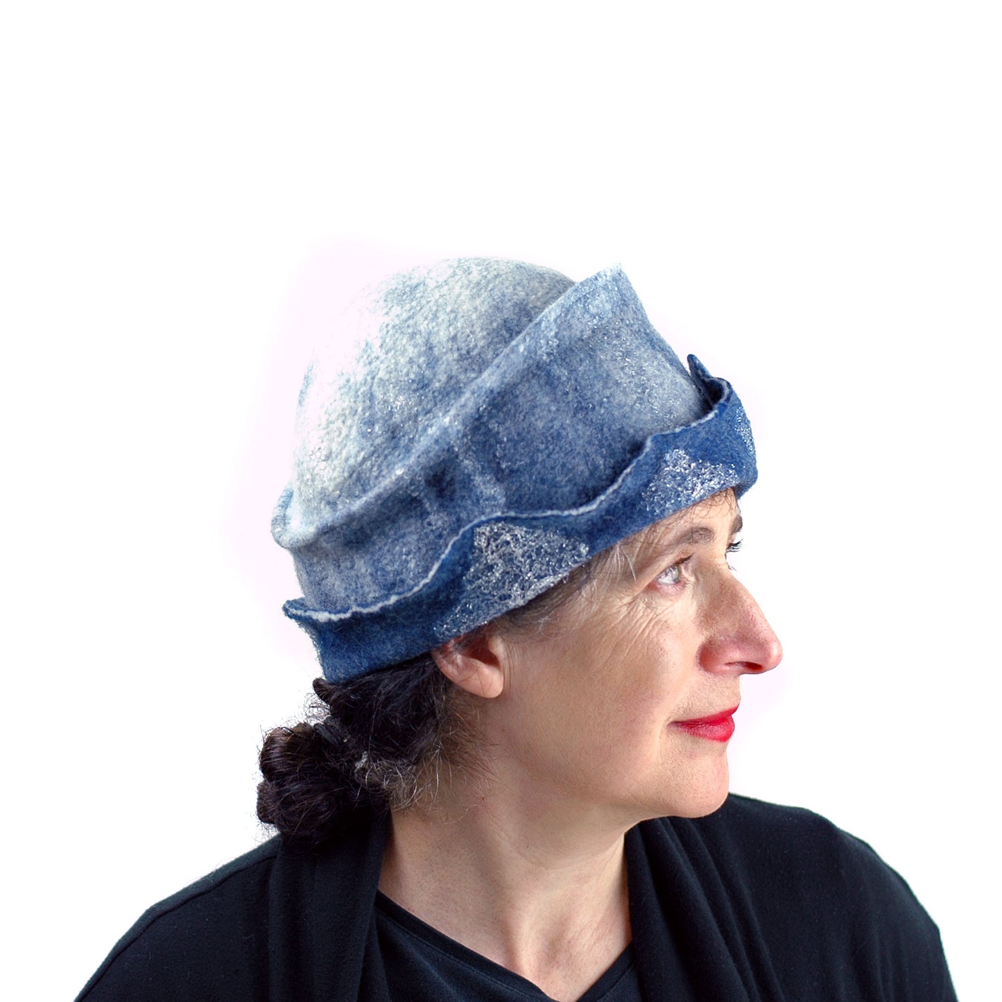 Indigo and White Felted Cloche Hat made with Superfine Merino Wool and Silver Lace - right side view