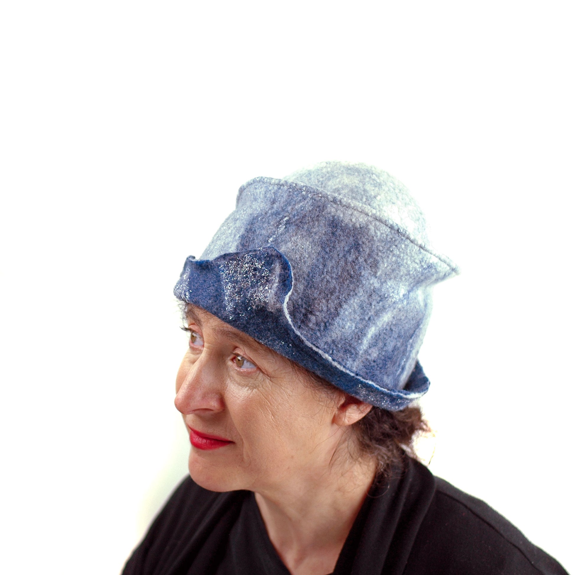 Indigo and White Felted Cloche Hat made with Superfine Merino Wool and Silver Lace - left side view