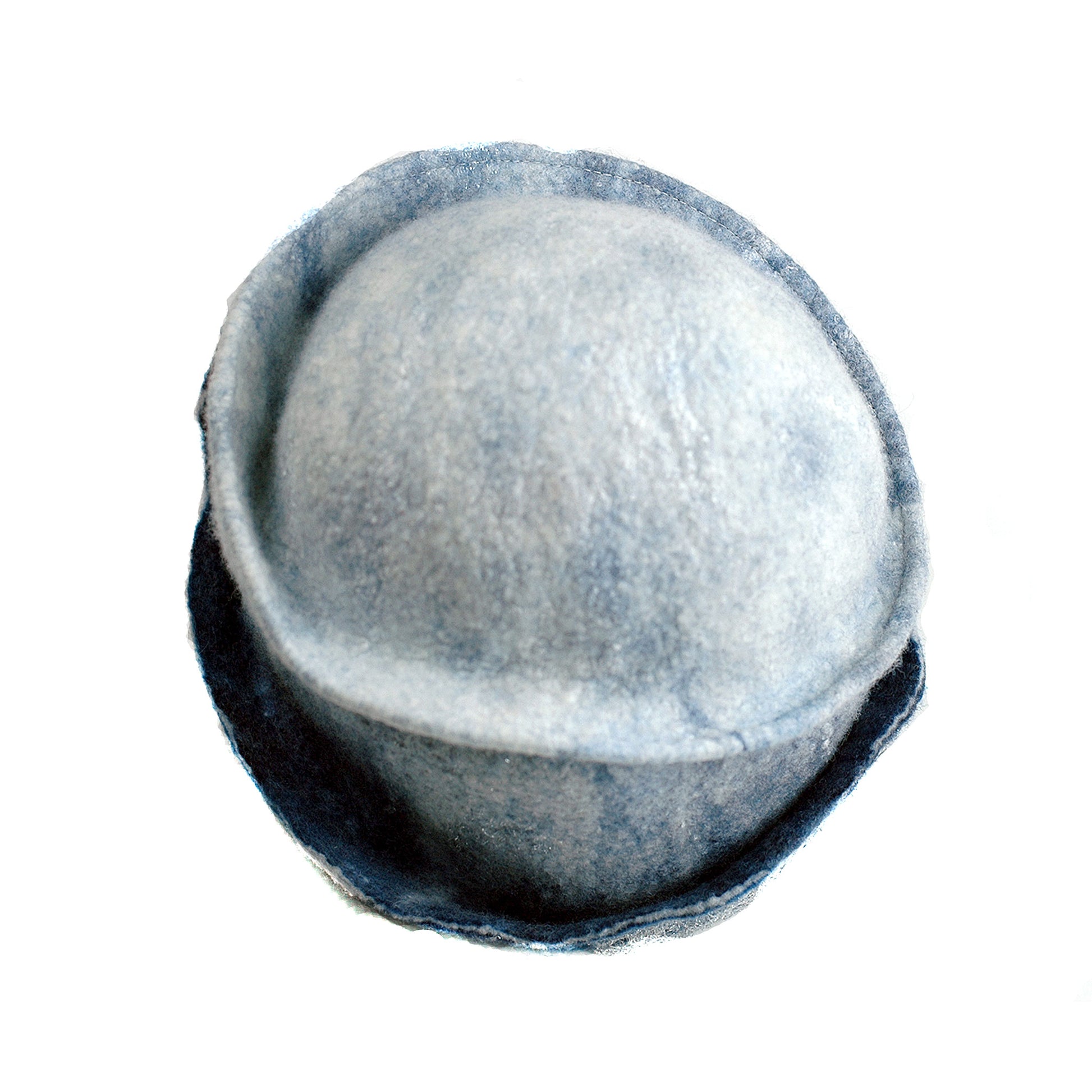 Indigo and White Felted Cloche Hat made with Superfine Merino Wool and Silver Lace - top view