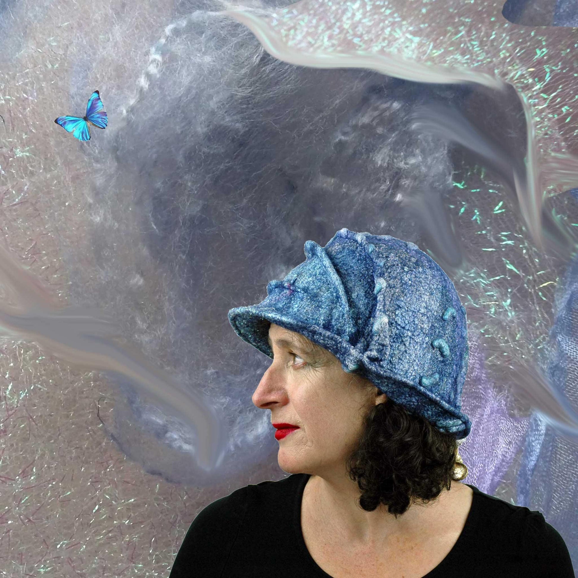 Iridescent Blue Violet Bucket Hat with fabrics and Morphos butterfly.