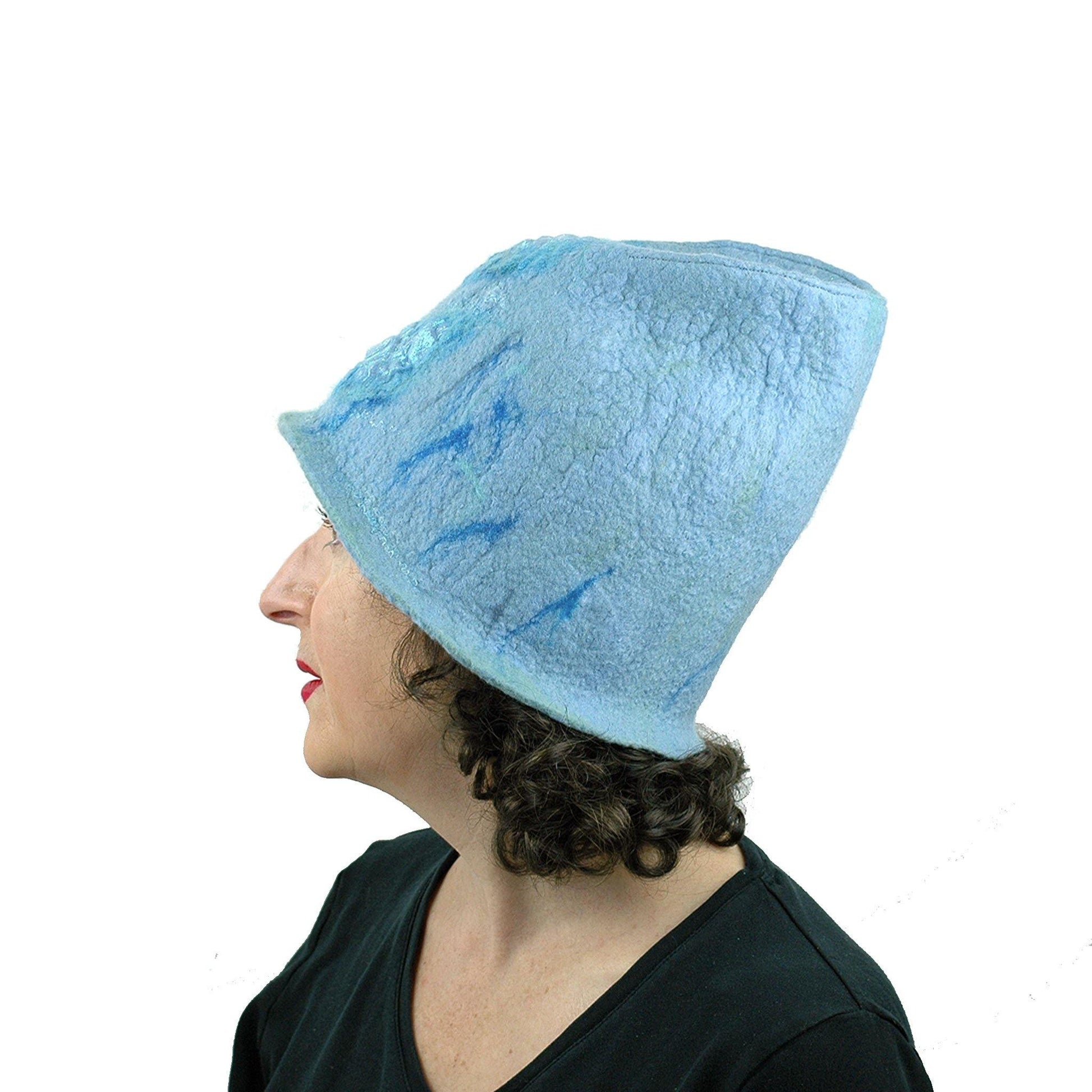 Light Blue Felted Bucket Hat with Chevron Pattern - FeltHappiness Hats