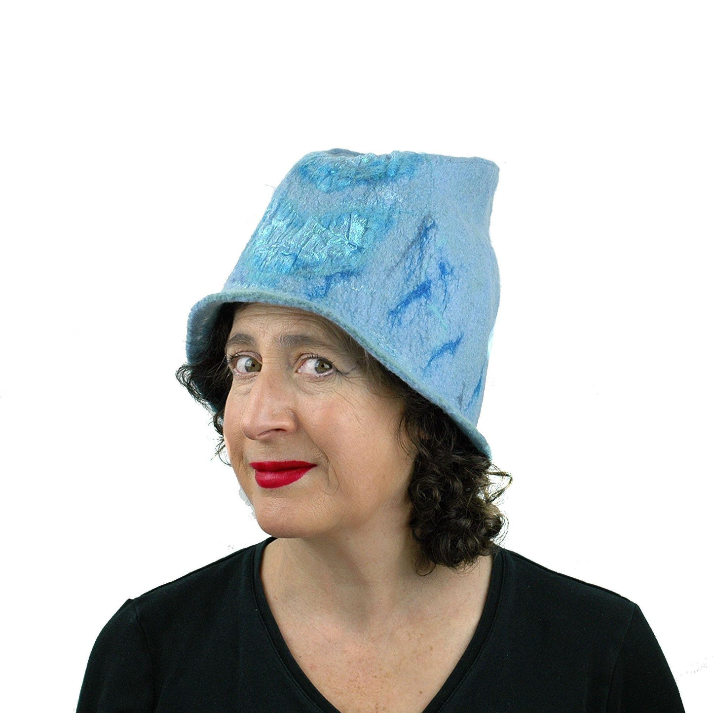 Light Blue Felted Bucket Hat with Chevron Pattern - threequarters view