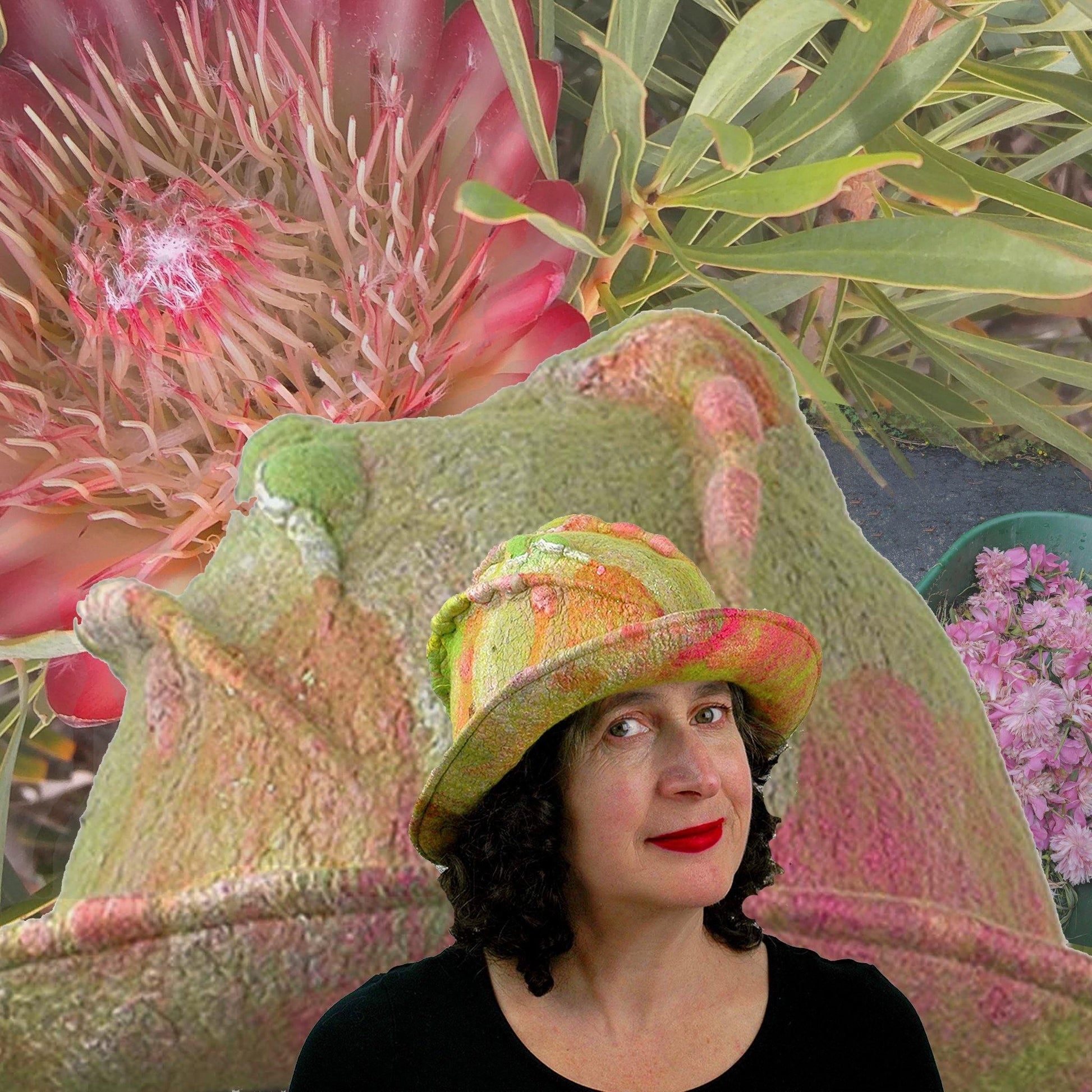 Lime Green and Hot Pink Brimmed Hat set amongst the proteas and peonies.