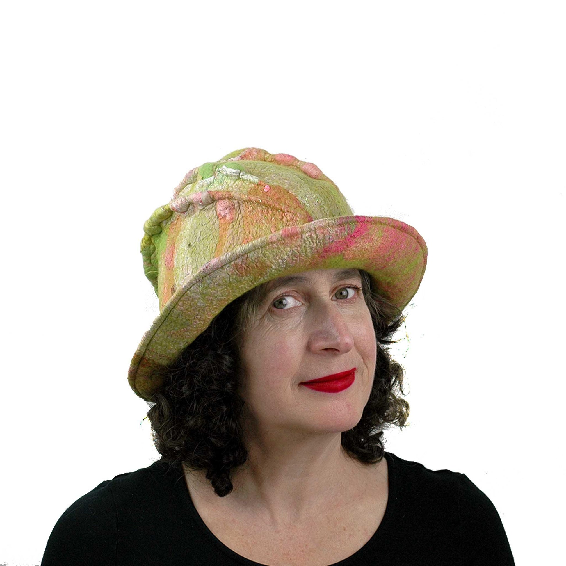 Lime Green and Hot Pink Brimmed Hat - three quarters view