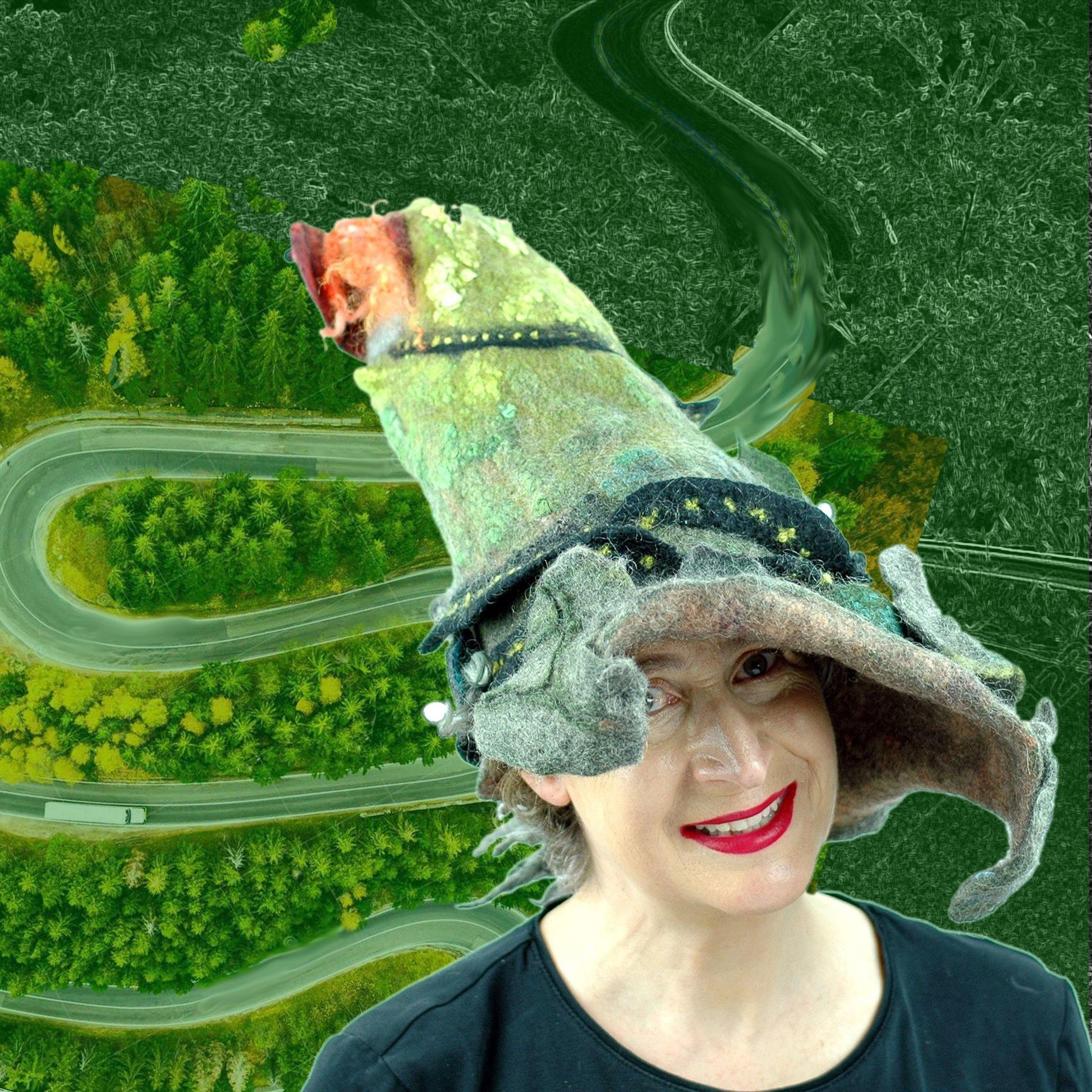Long and Winding Road Wizard Hat with a digital collaged background of a road.