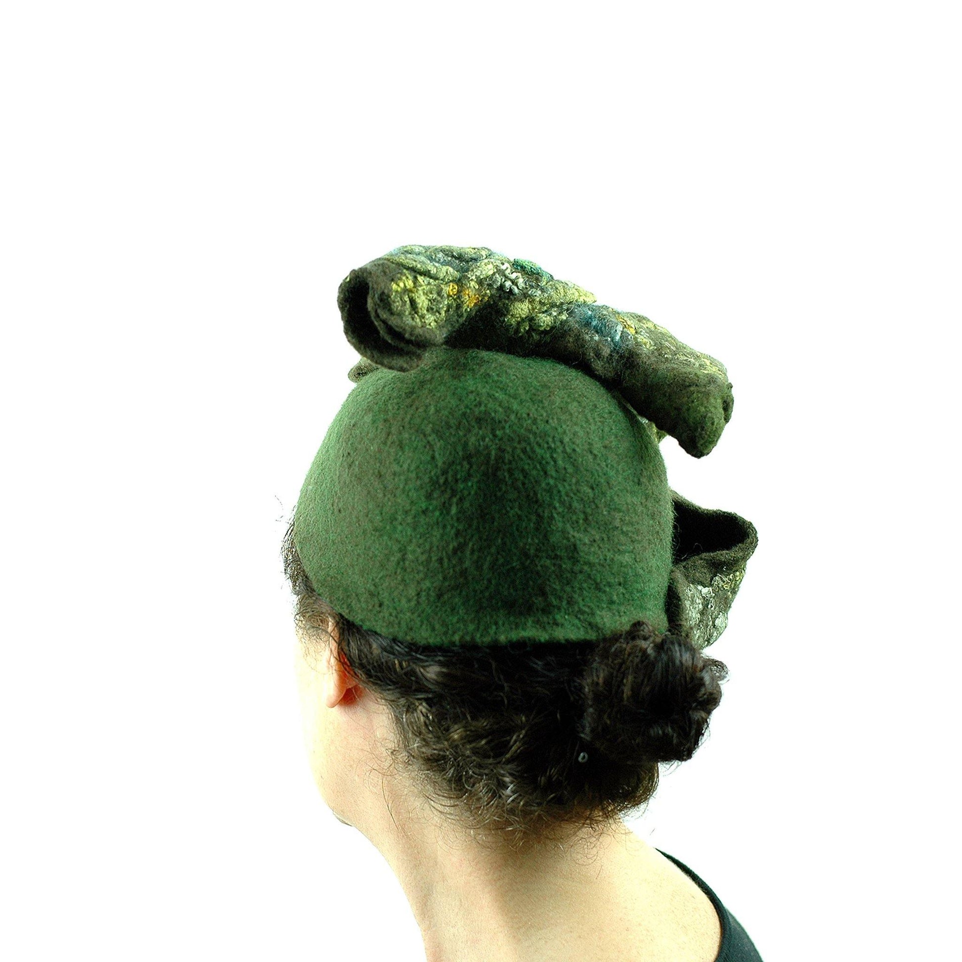 Green Colored, Mossy Forest, Retro Pillbox Hat - back view