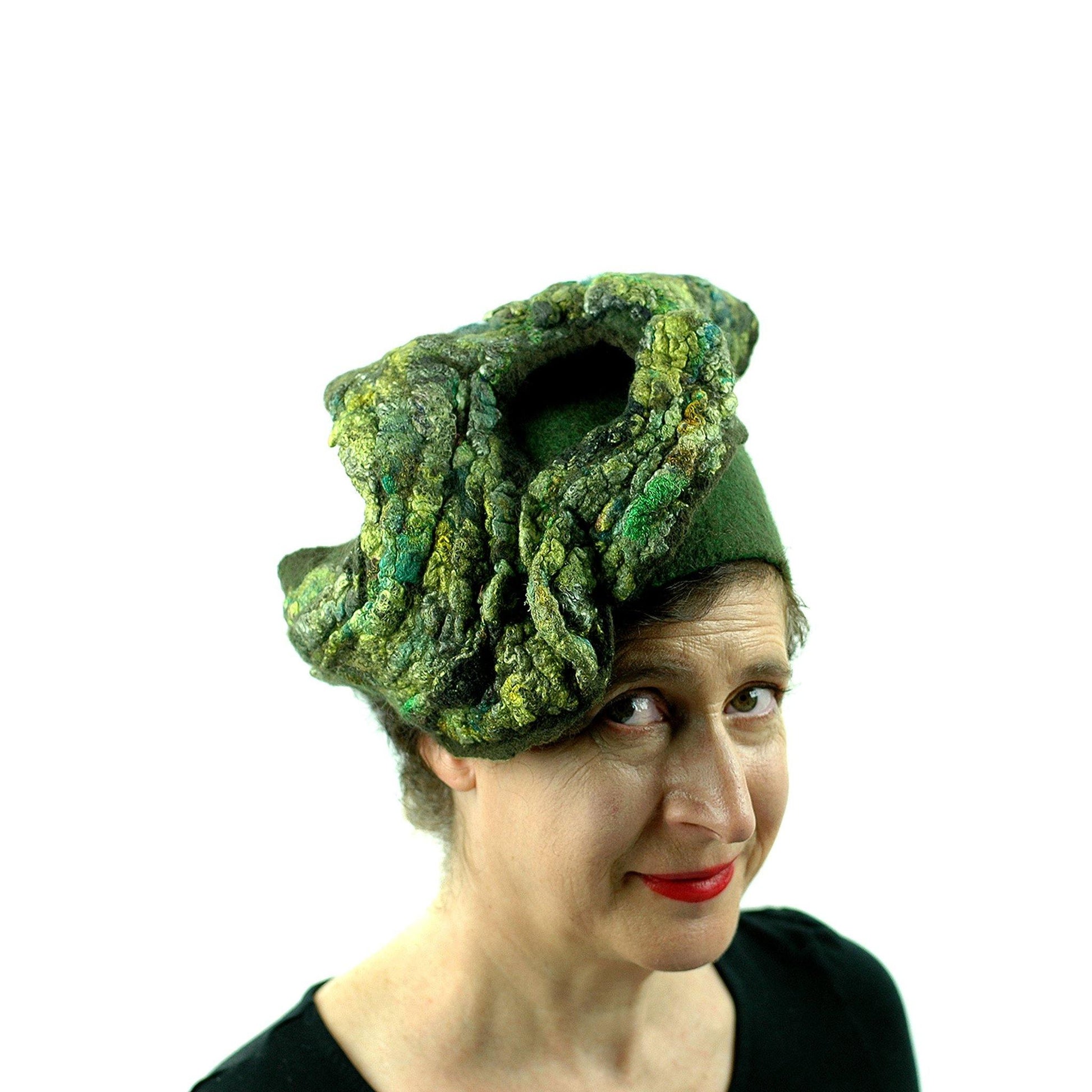 Green Colored, Mossy Forest, Retro Pillbox Hat - front view