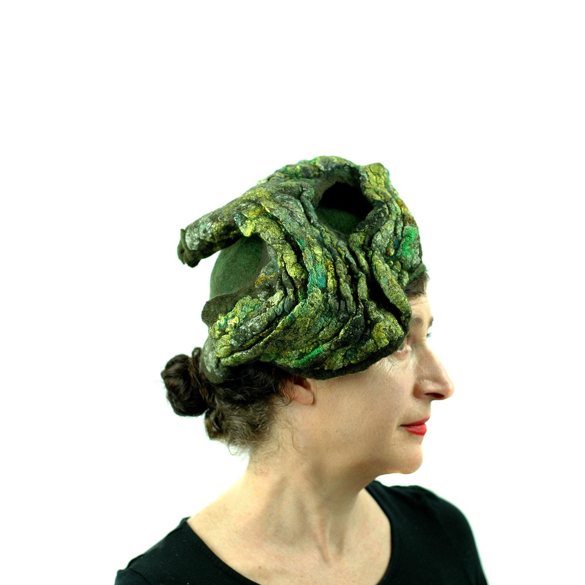 Green Colored, Mossy Forest, Retro Pillbox Hat - side view