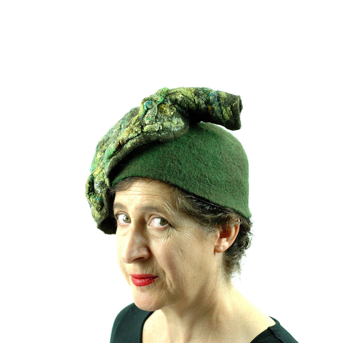 Green Colored, Mossy Forest, Retro Pillbox Hat - three quarters view