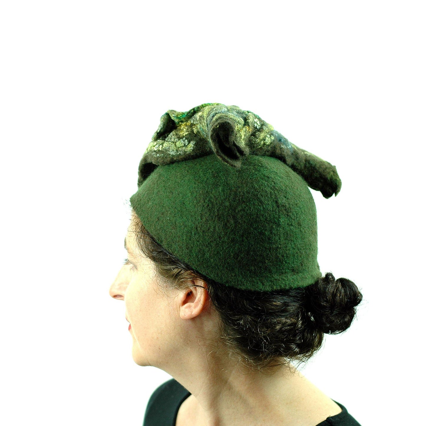 Green Colored, Mossy Forest, Retro Pillbox Hat - side view