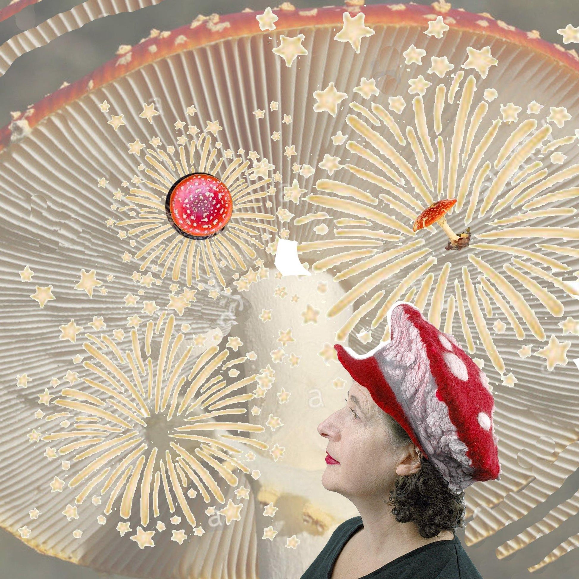 Mushroom Inspired Red and White Bandleader hat with collage of mushrooms and fireworks.