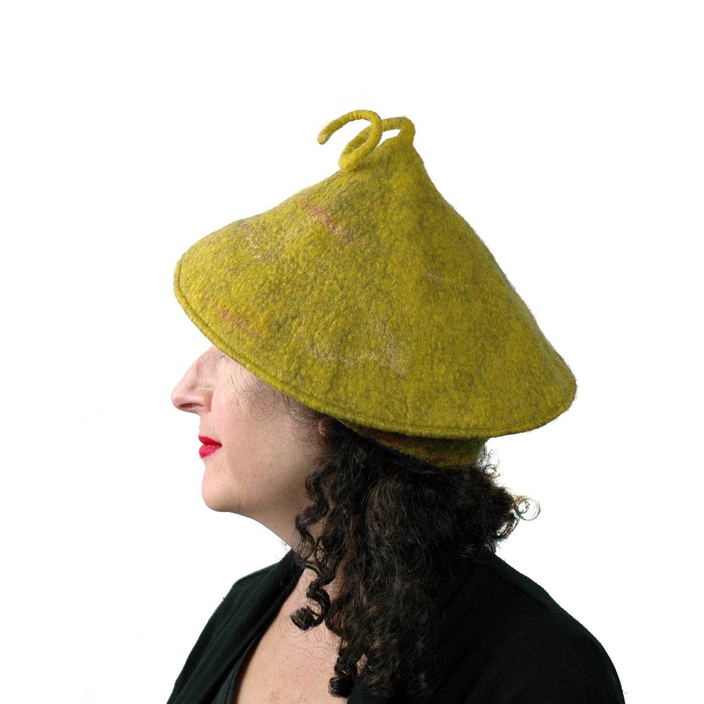 Mustard Yellow Felted Beret with Curlicue  - side view