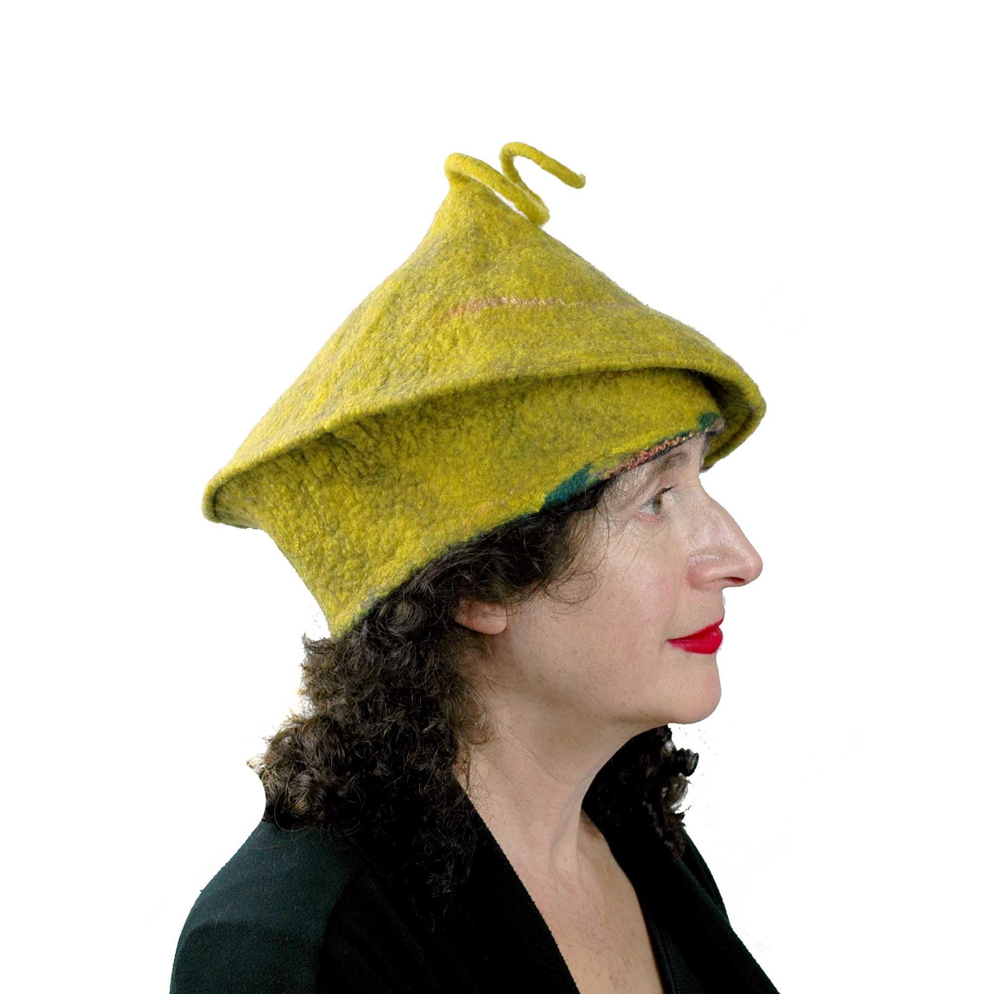 Mustard Yellow Felted Beret with Curlicue  - side view