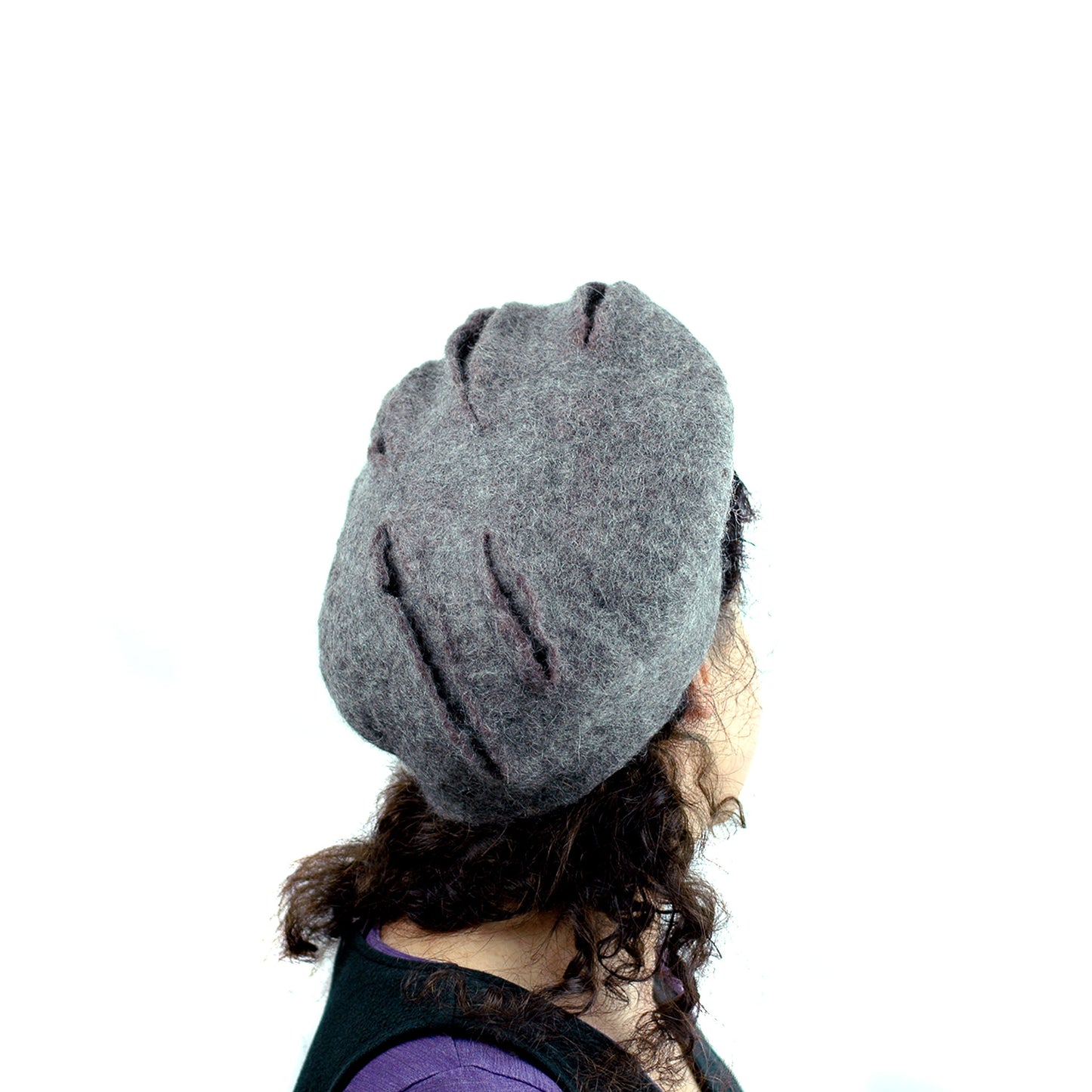 Gray Gotland Wool Felted Beret with Slashes -back view