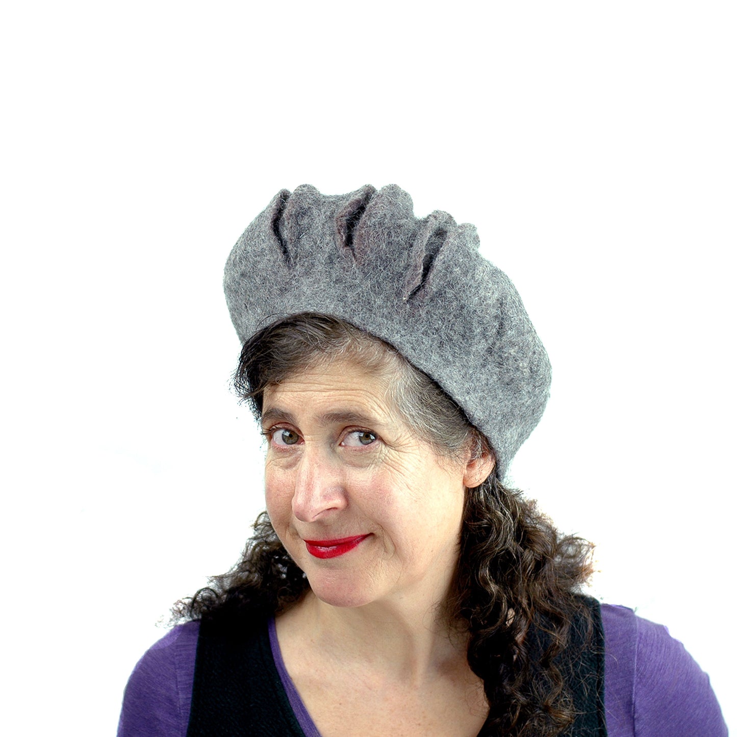 Gray Gotland Wool Felted Beret with Slashes - side view 2