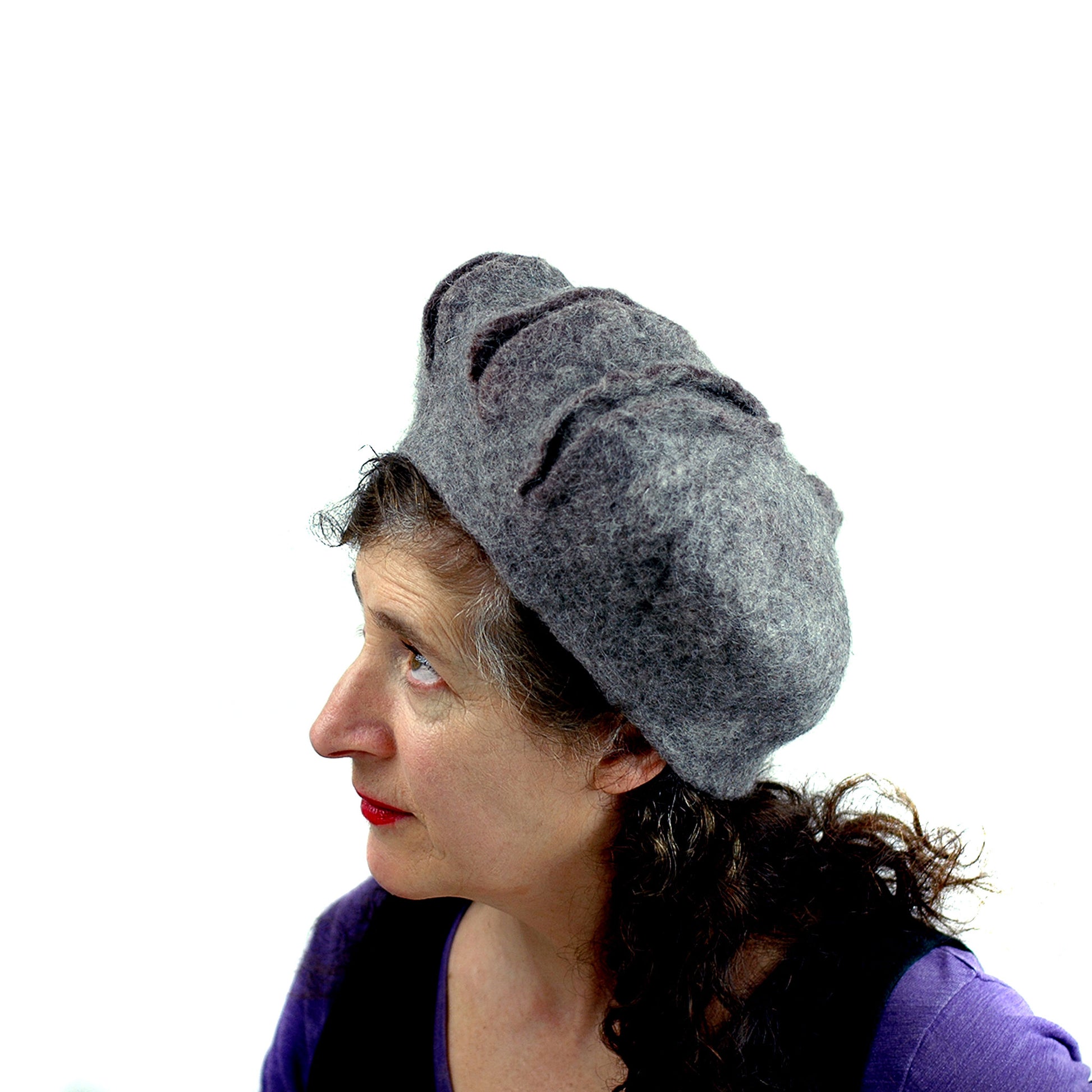 Gray Gotland Wool Felted Beret with Slashes - side view 3