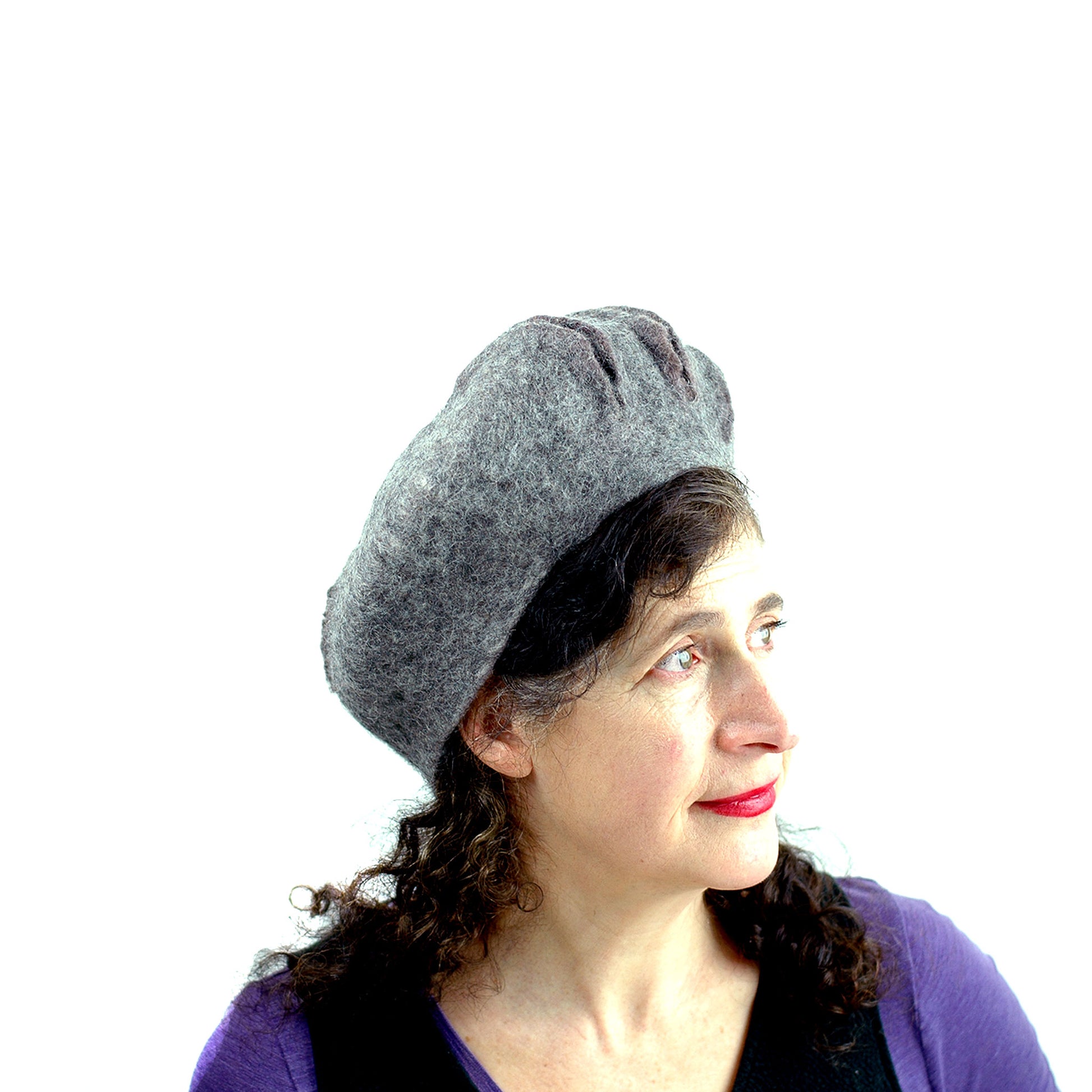 Gray Gotland Wool Felted Beret with Slashes - side view