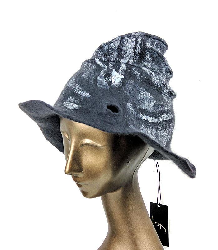 Nunofelted Black Hat with Brim and Organic Shaped Tip