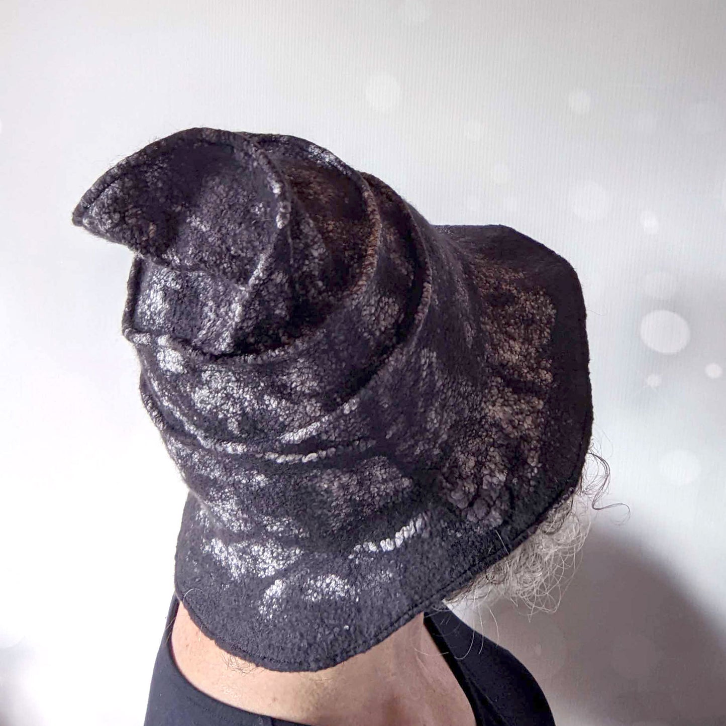 Nunofelted Black Hat with Brim and Organic Shaped Tip - backview