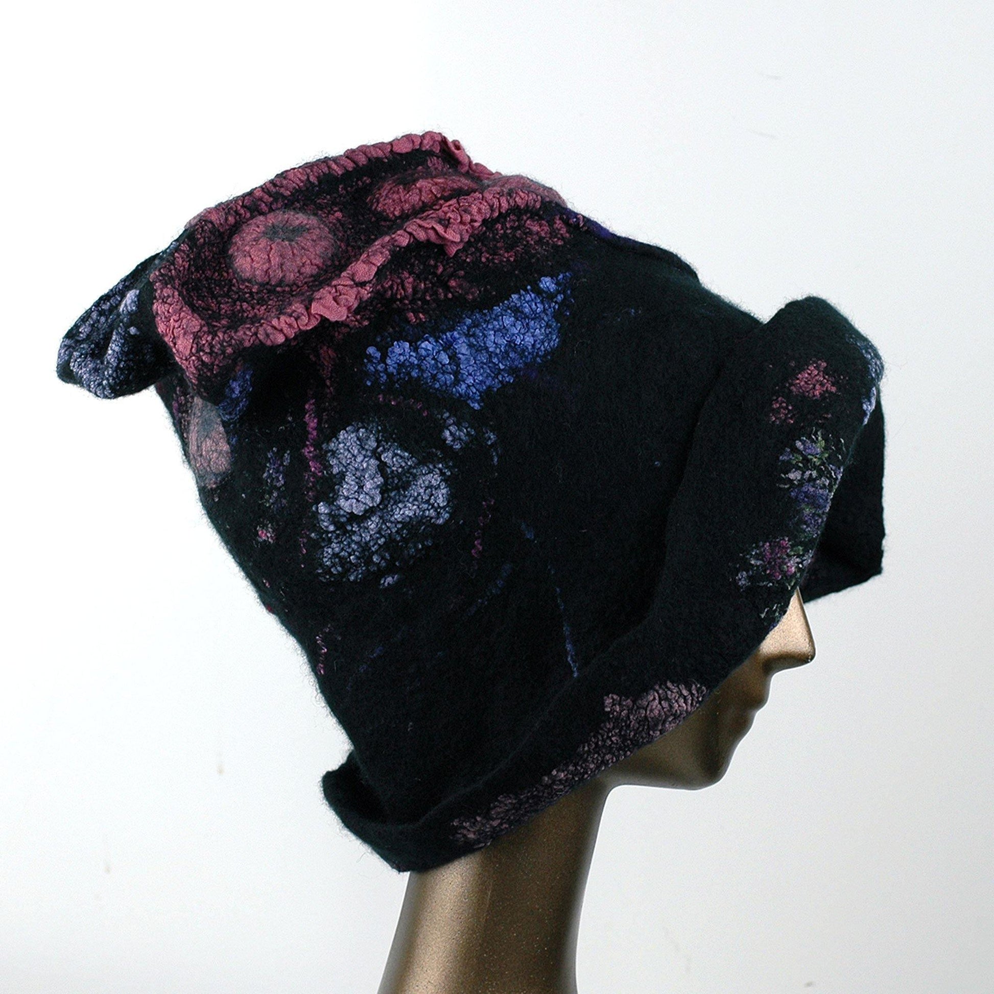 Nunofelted Black Hat with Purple and Pink Fabrics