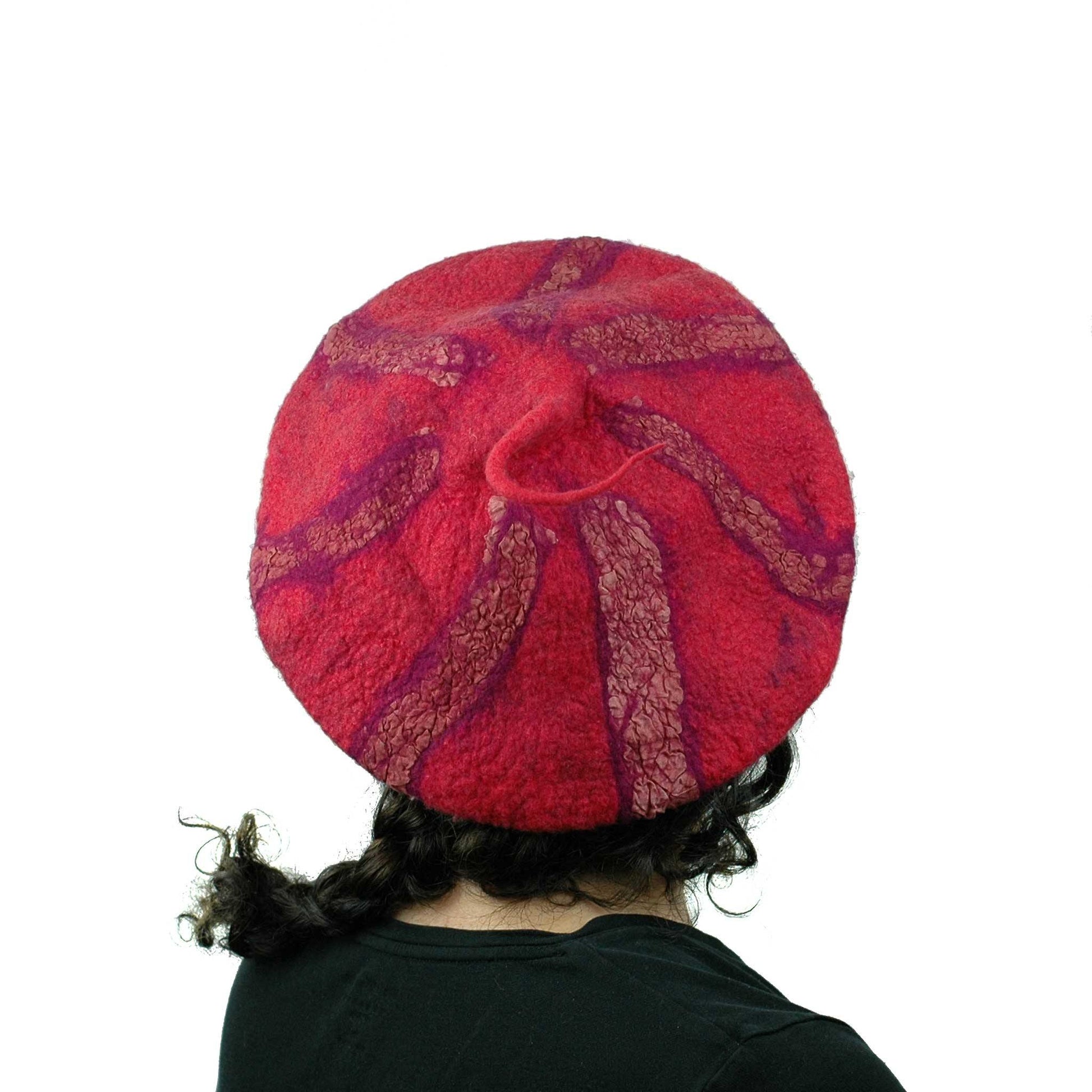 Nunofelted Raspberry Beret with Corkscrew - back view