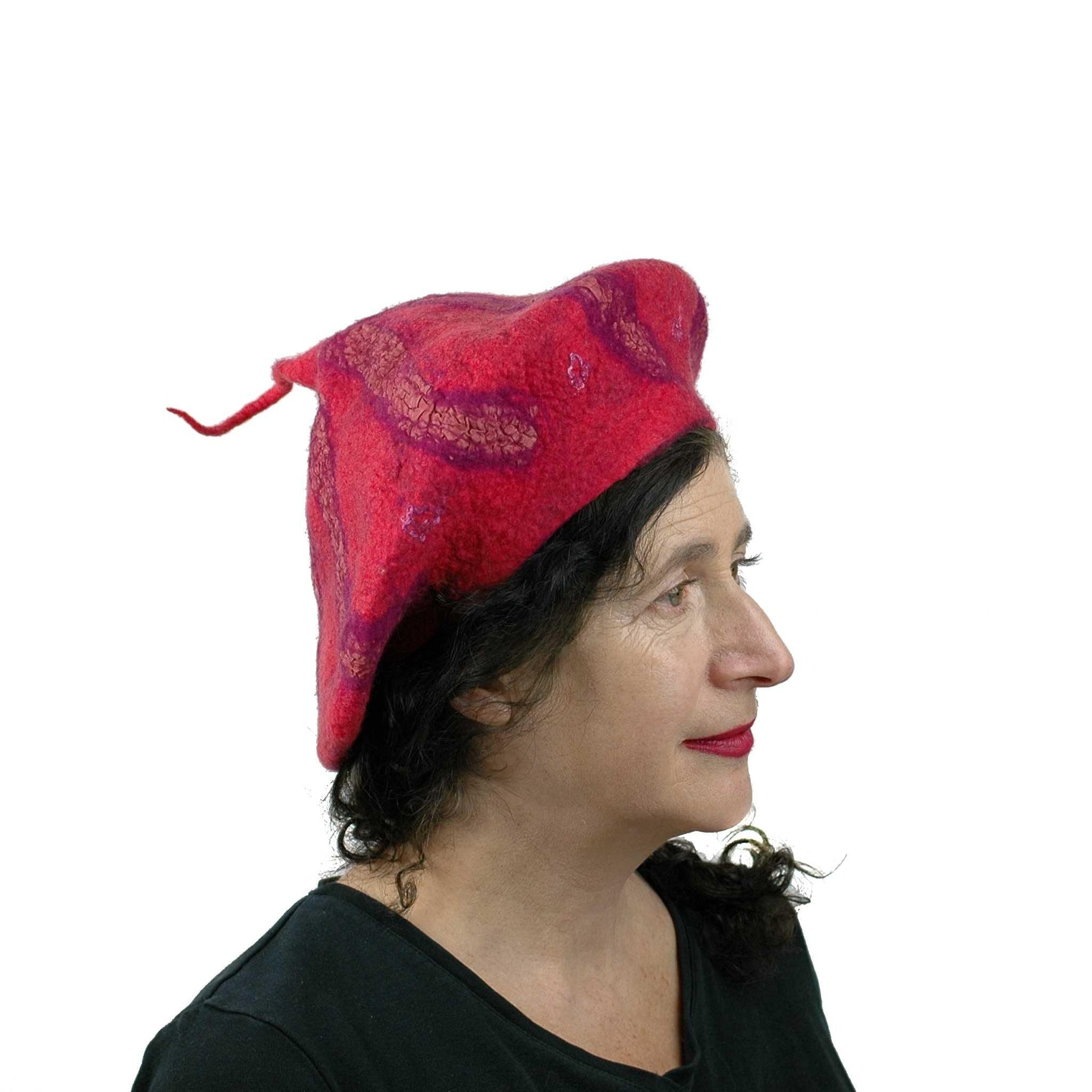 Nunofelted Raspberry Beret with Corkscrew - side view