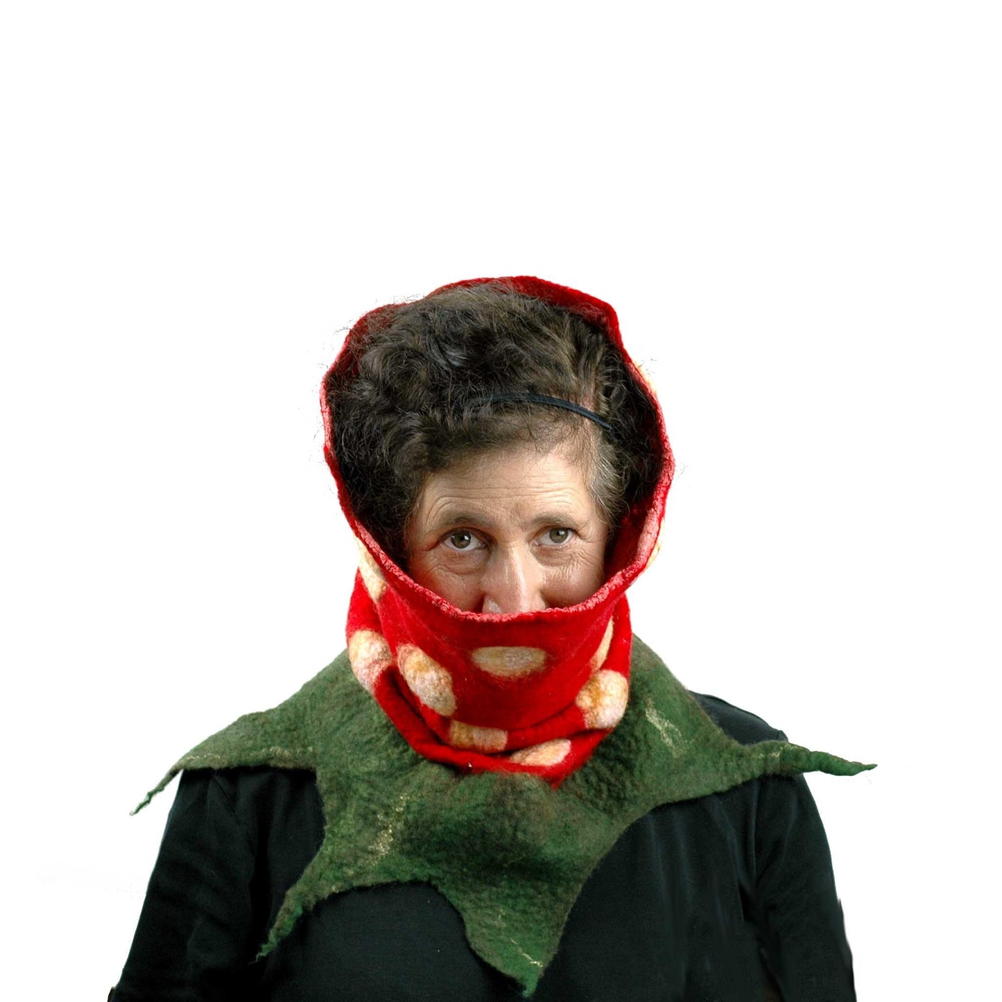 Nunofelted Strawberry Neck Warmer Headscarf - pulled up over ears.