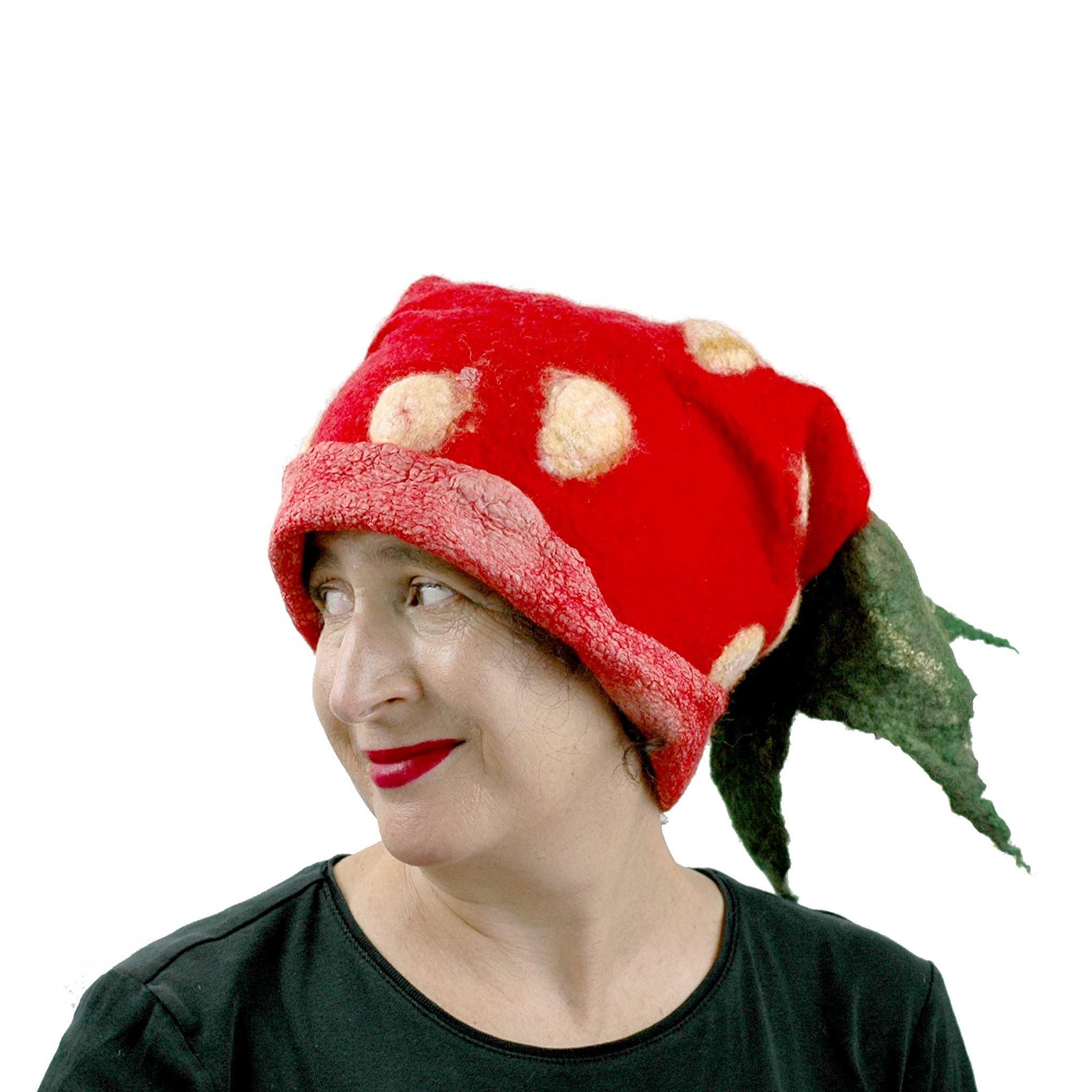 Nunofelted Strawberry Neck Warmer Headscarf worn Jester Style.