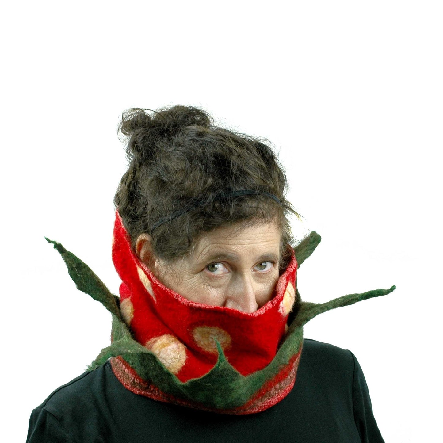 Nunofelted Strawberry Neck Warmer Headscarf - worn  around neck with leaves pointing upwards.
