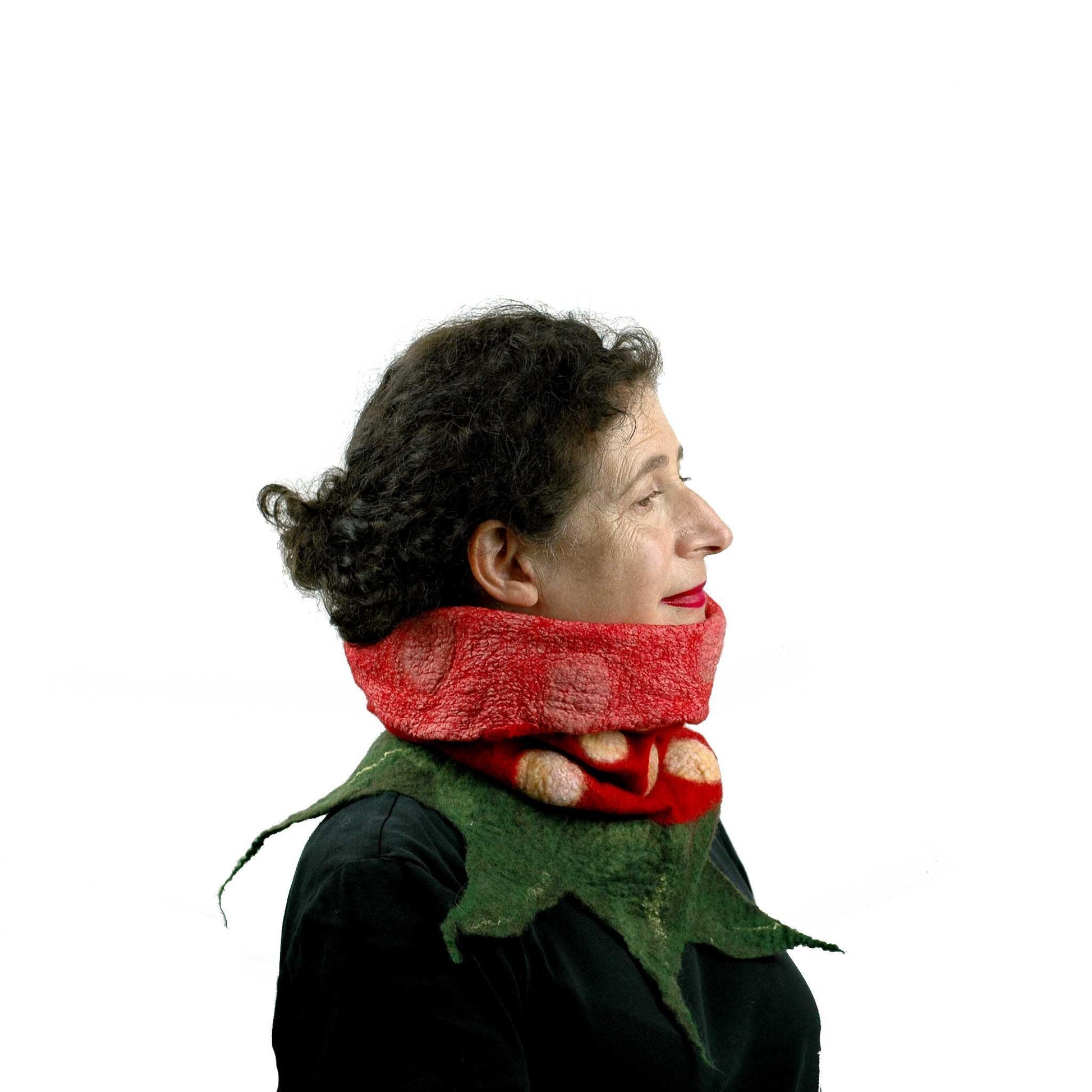 Nunofelted Strawberry Neck Warmer Headscarf - with top folded down.