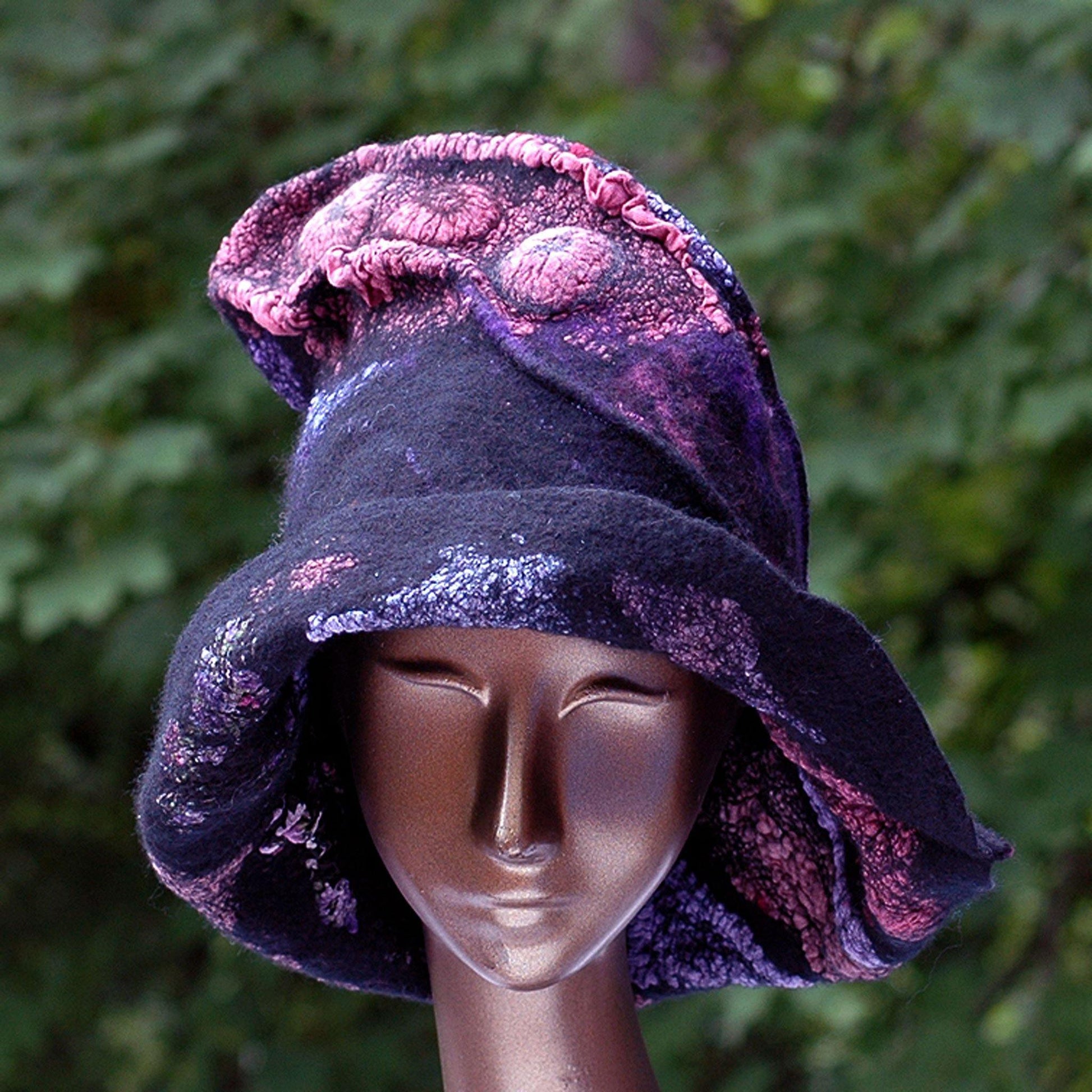 Nunofelted Black Hat with Purple and Pink Fabrics