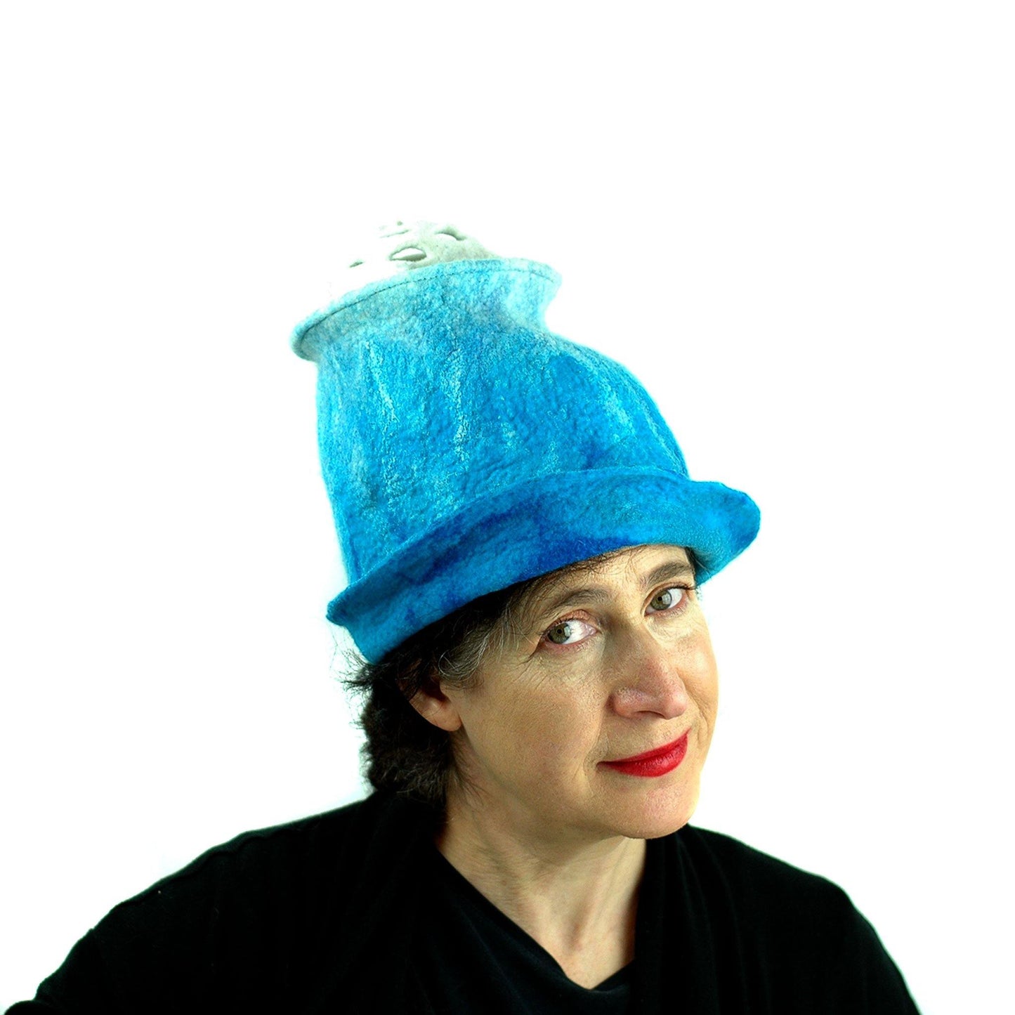 Ombre Turquoise and White Hat with 'Pom Pom' - front view