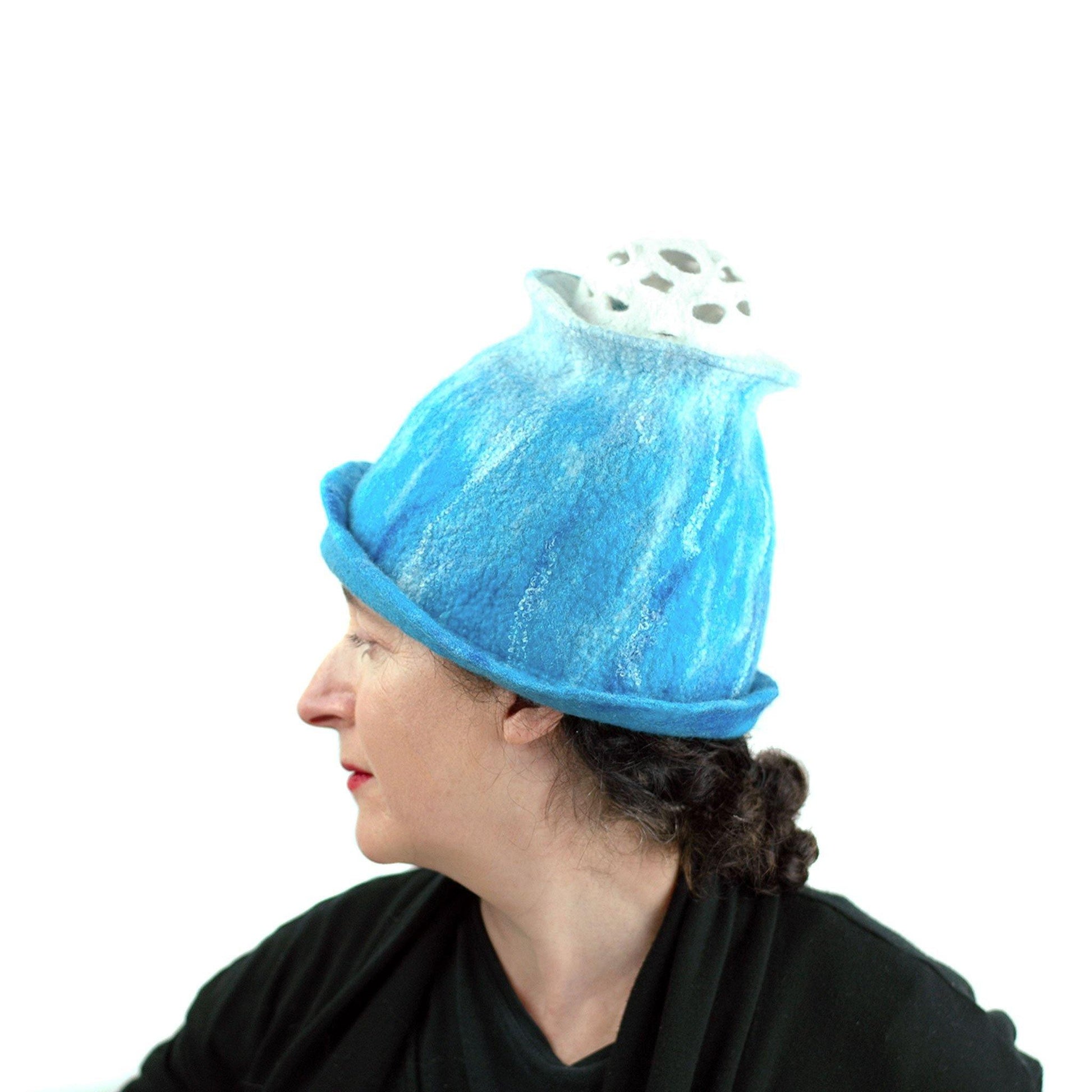 Ombre Turquoise and White Hat with 'Pom Pom' - left side view 2