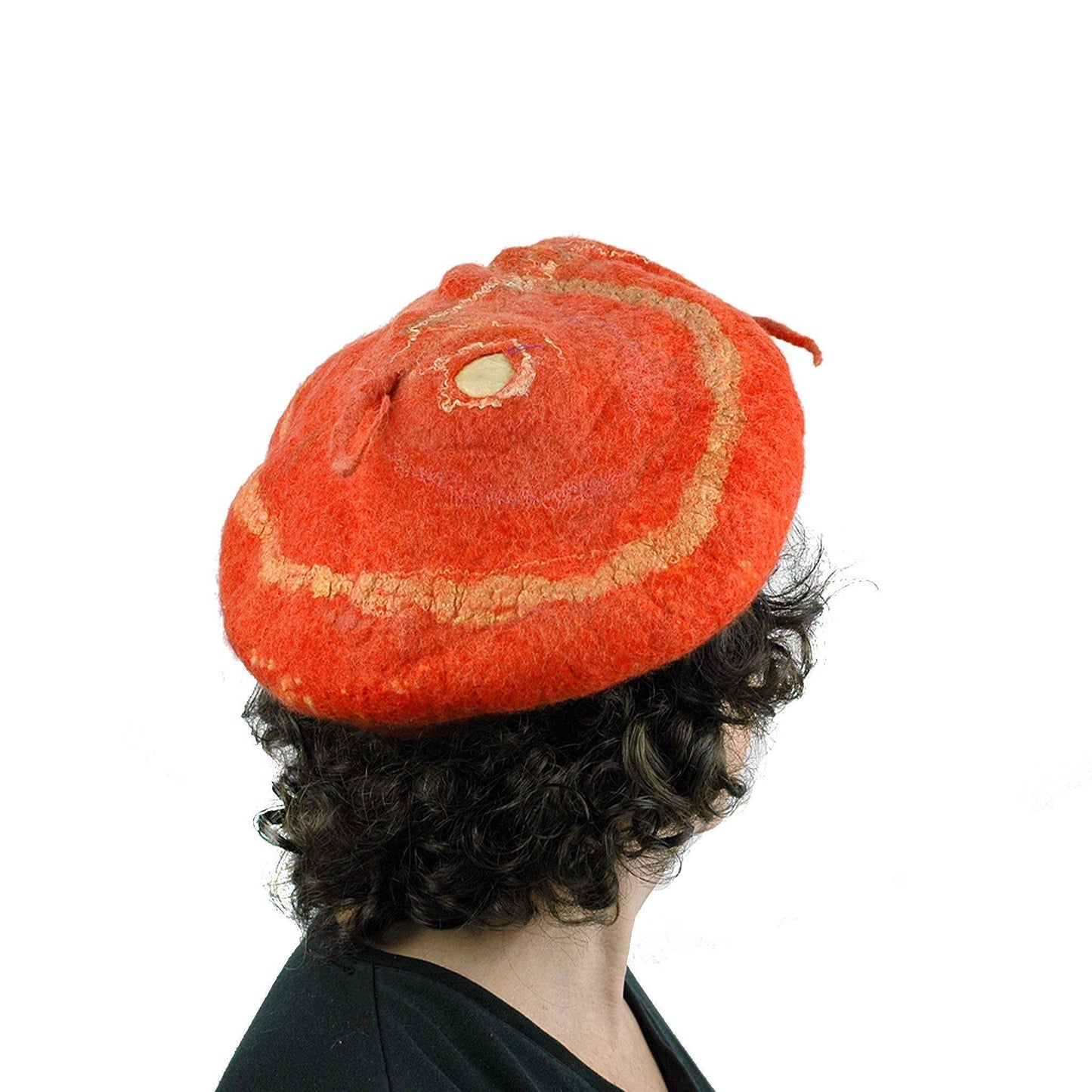Orange Colored Beret with Felted Seed Pod - back view