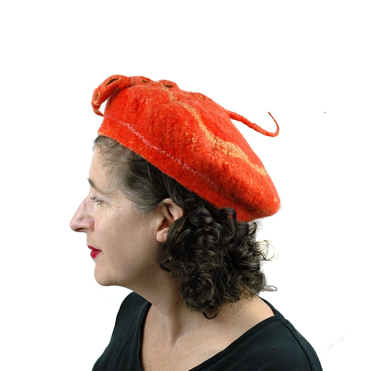 Orange Colored Beret with Felted Seed Pod