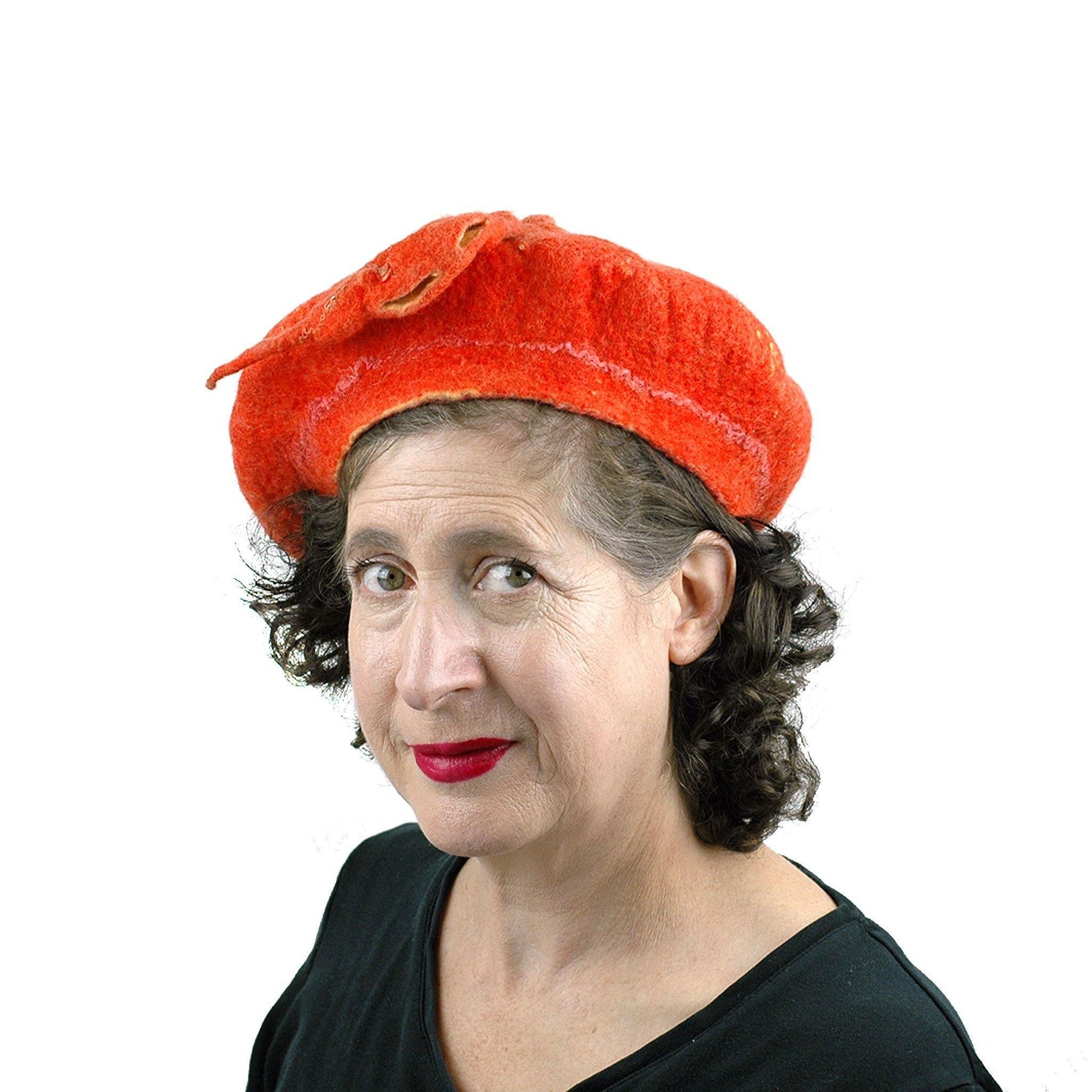 Orange Colored Beret with Felted Seed Pod - threequarters view