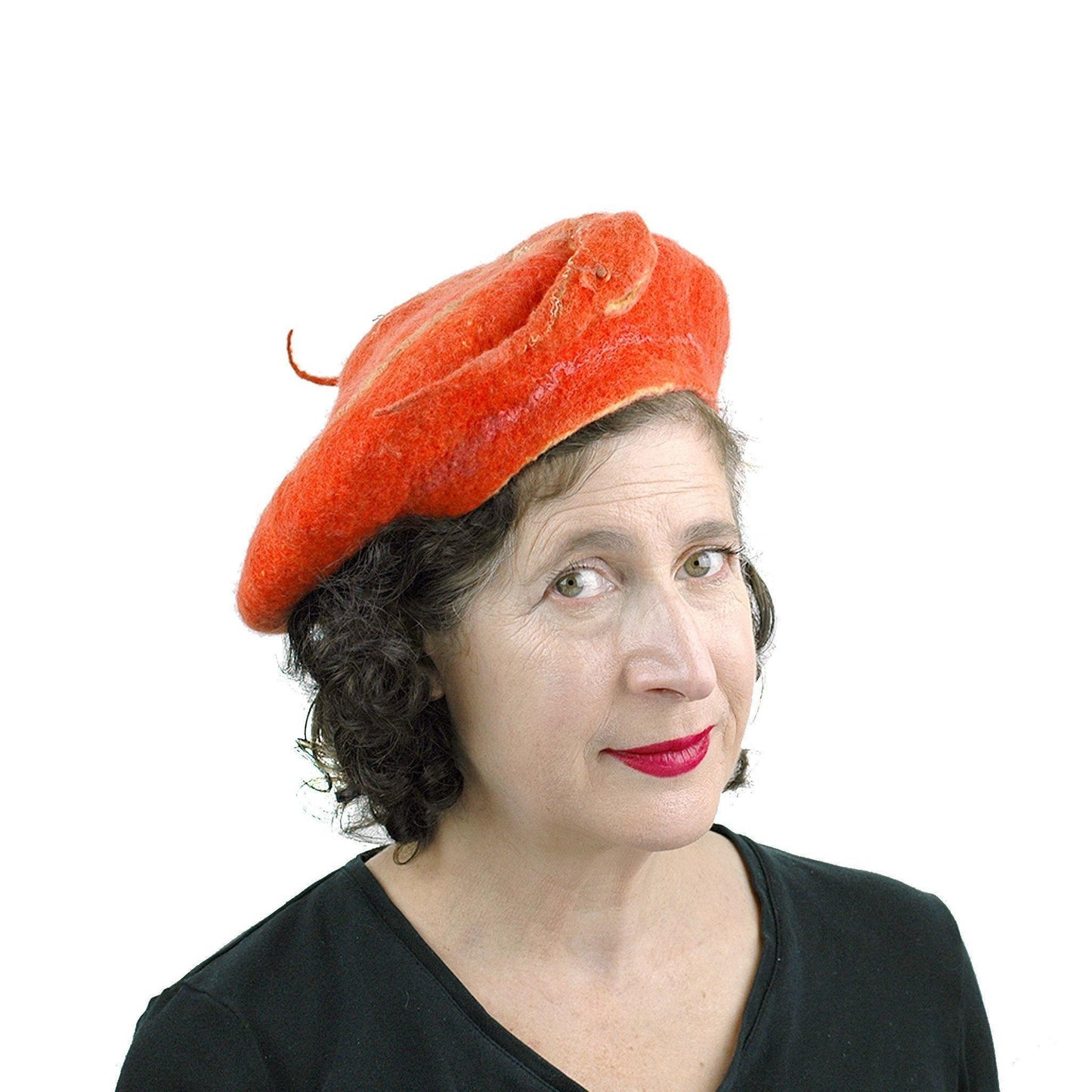 Orange Colored Beret with Felted Seed Pod - threequarters view