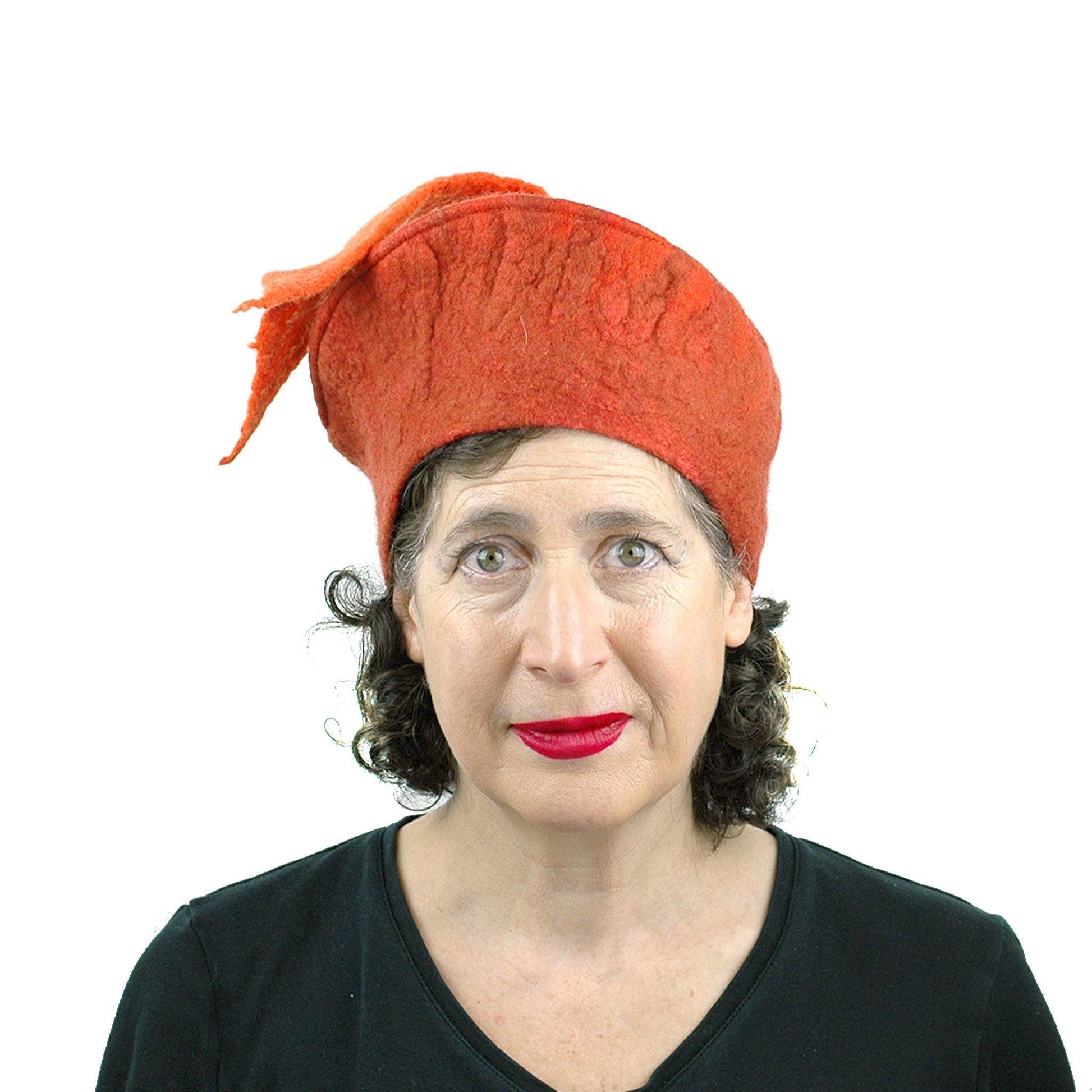 Orange Fishtail Felted Beret - front view
