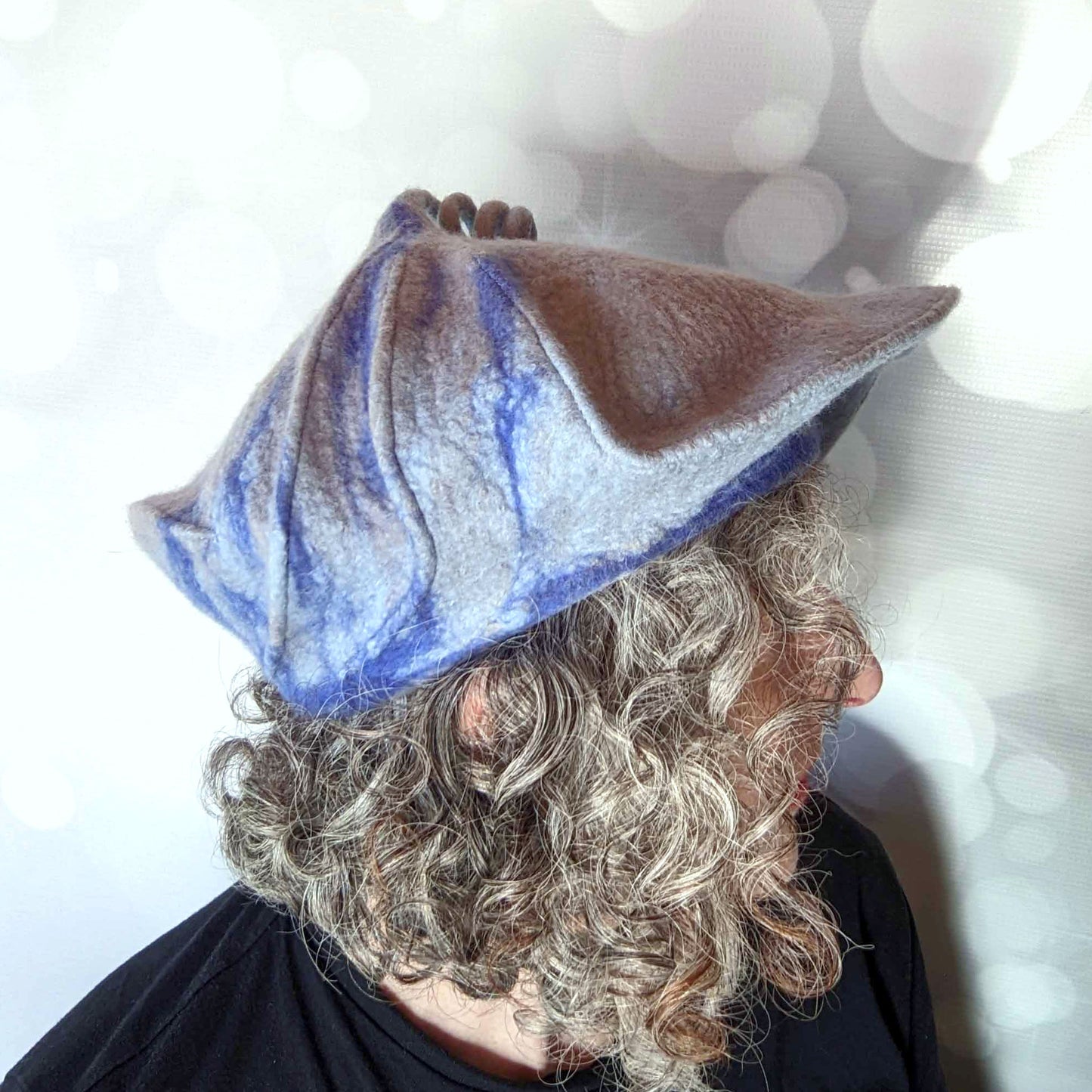 Pale Gray Blue Curlicue Beret with Royal Blue Marbling - sideview