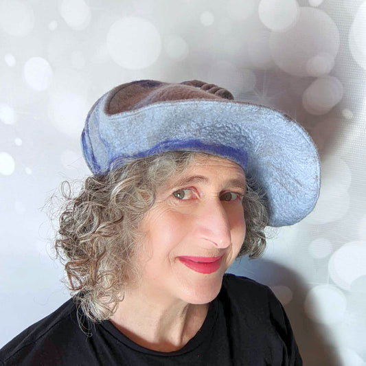 Pale Gray Blue Curlicue Beret with Royal Blue Marbling -threequartersview